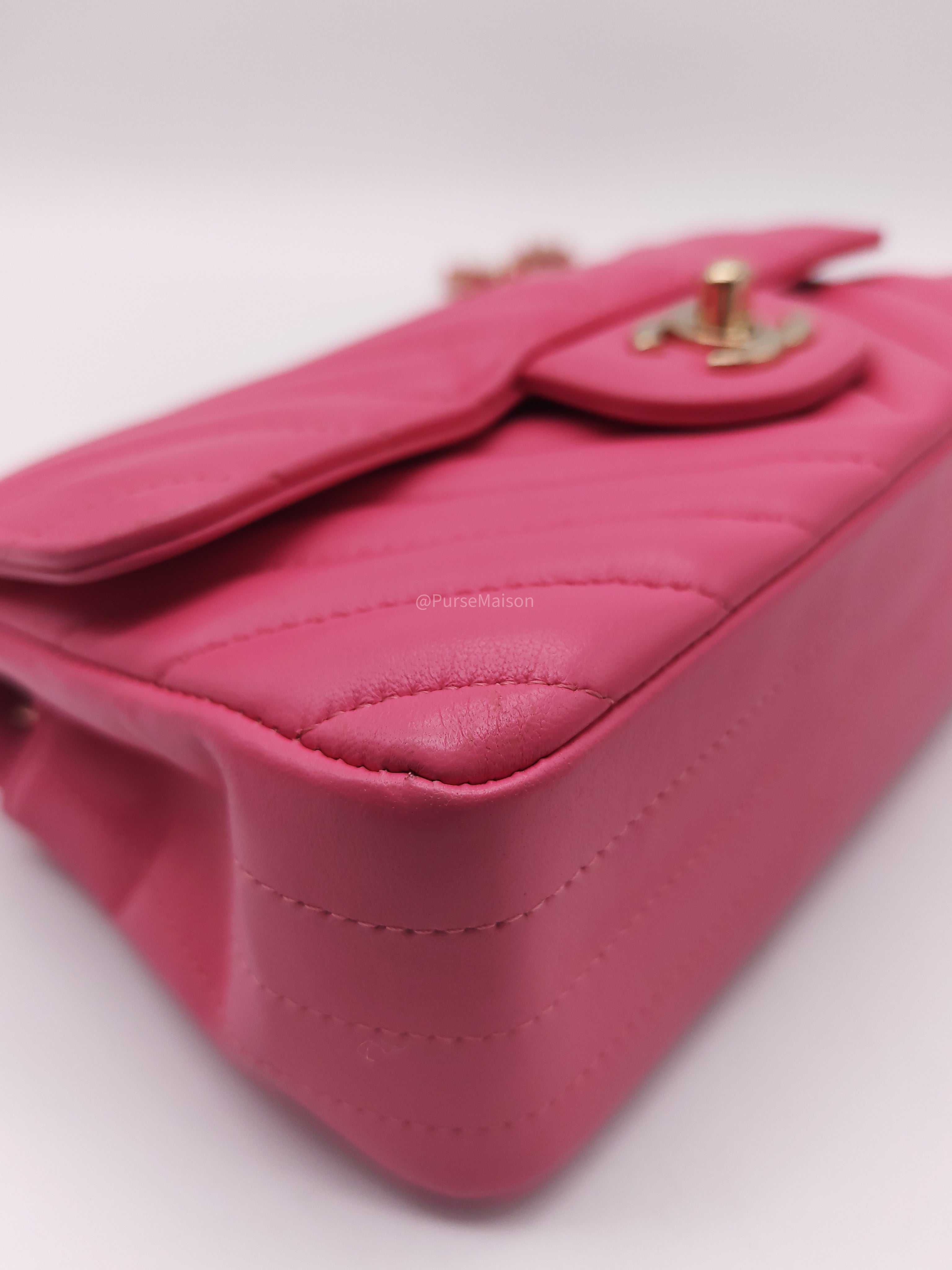 Chanel Classic Mini Rectangular Flap Bag in Pink Chevron Lambskin Leather Light Gold Hardware (Series 27)
