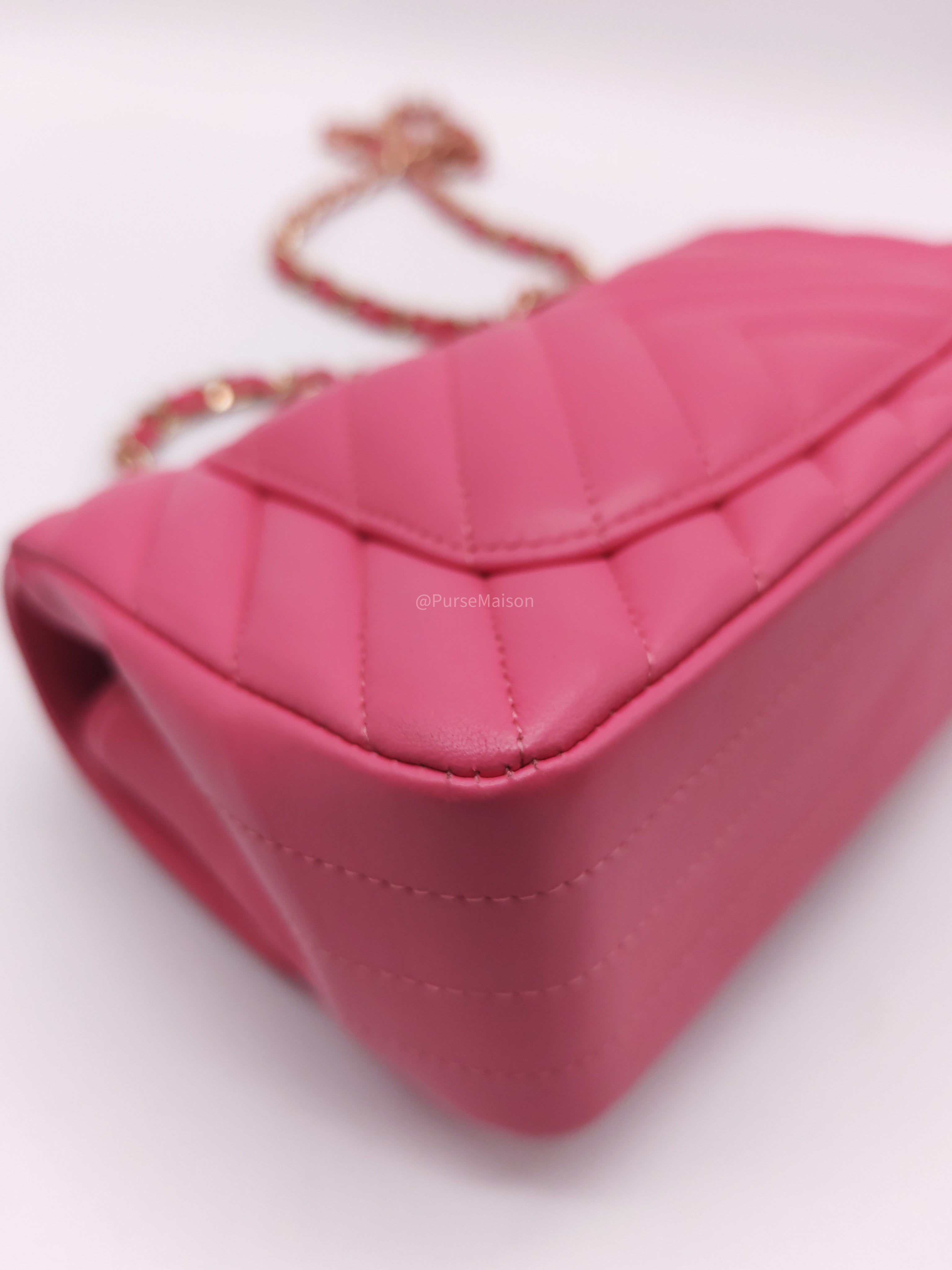 Chanel Classic Mini Rectangular Flap Bag in Pink Chevron Lambskin Leather Light Gold Hardware (Series 27)