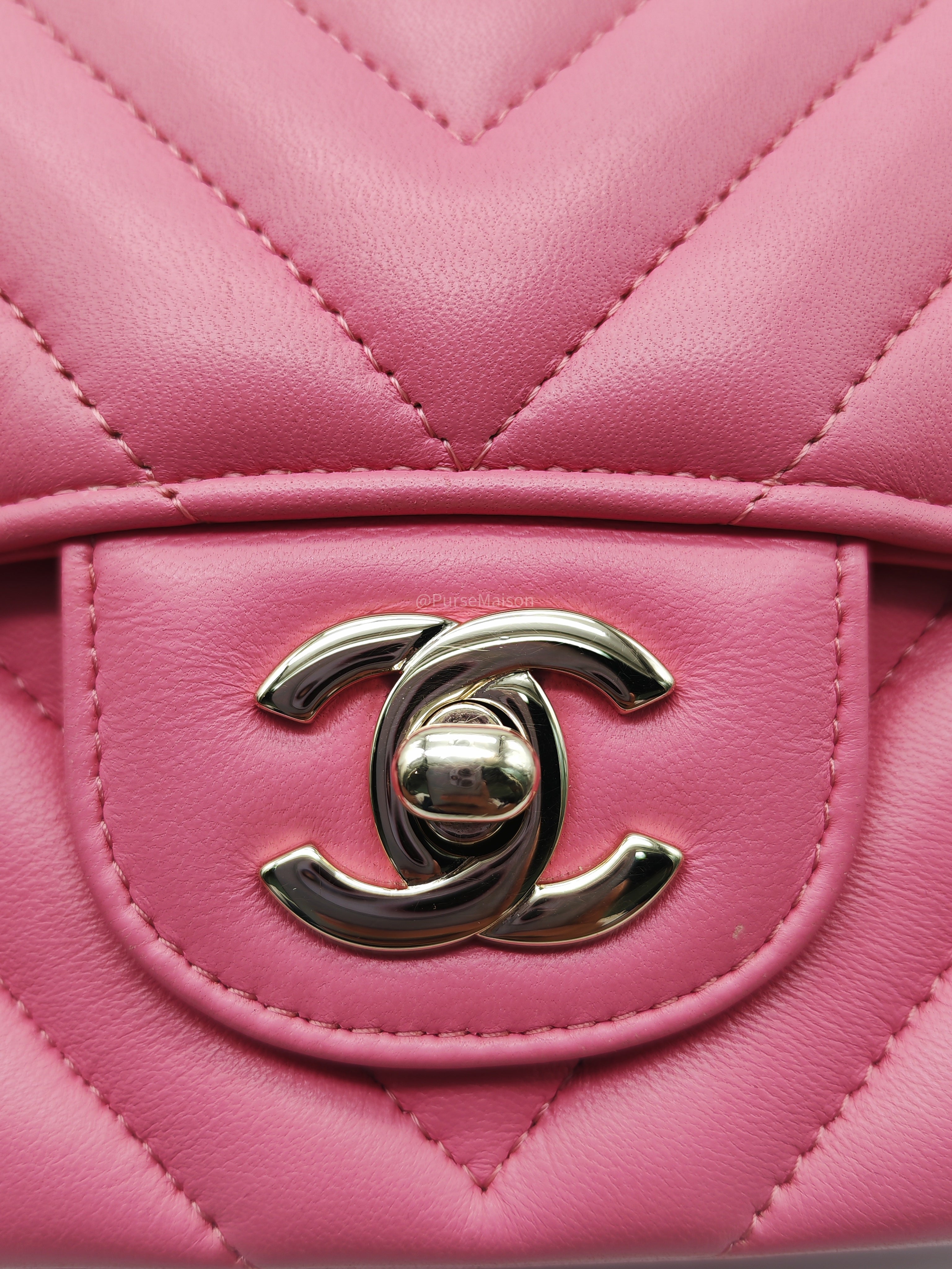 Chanel Classic Mini Rectangular Flap Bag in Pink Chevron Lambskin Leather Light Gold Hardware (Series 27)