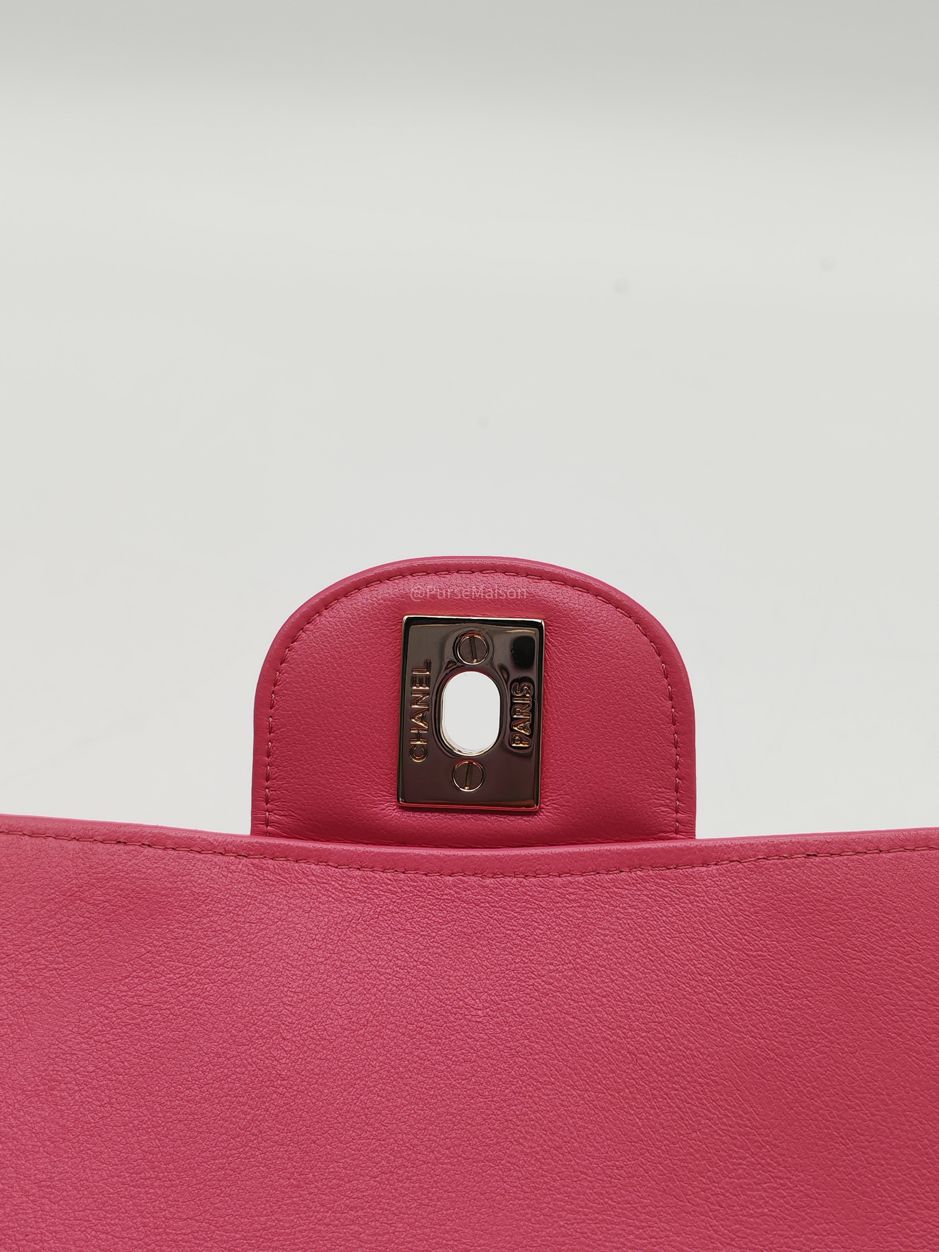 Chanel Classic Mini Rectangular Flap Bag in Pink Chevron Lambskin Leather Light Gold Hardware (Series 27)