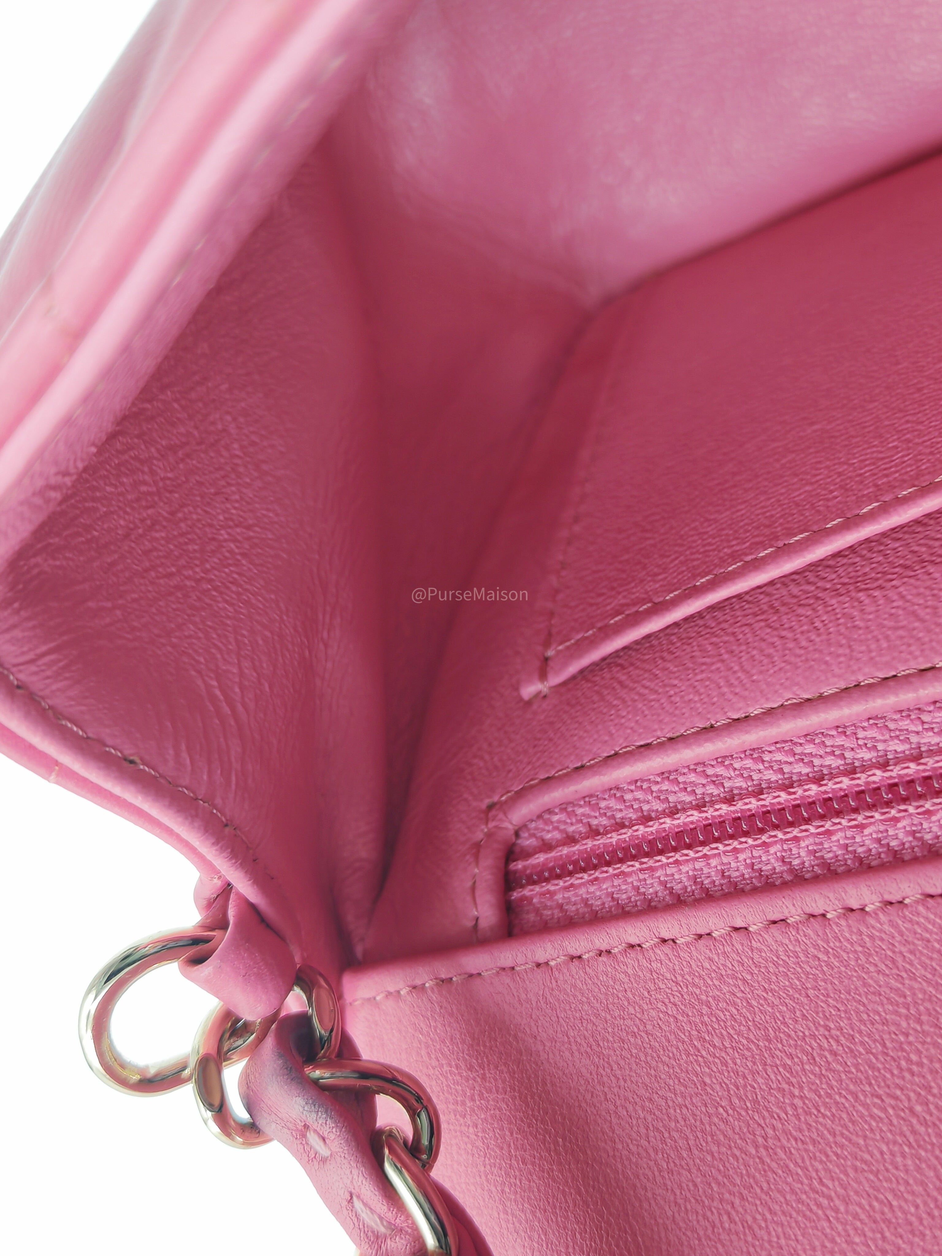 Chanel Classic Mini Rectangular Flap Bag in Pink Chevron Lambskin Leather Light Gold Hardware (Series 27)