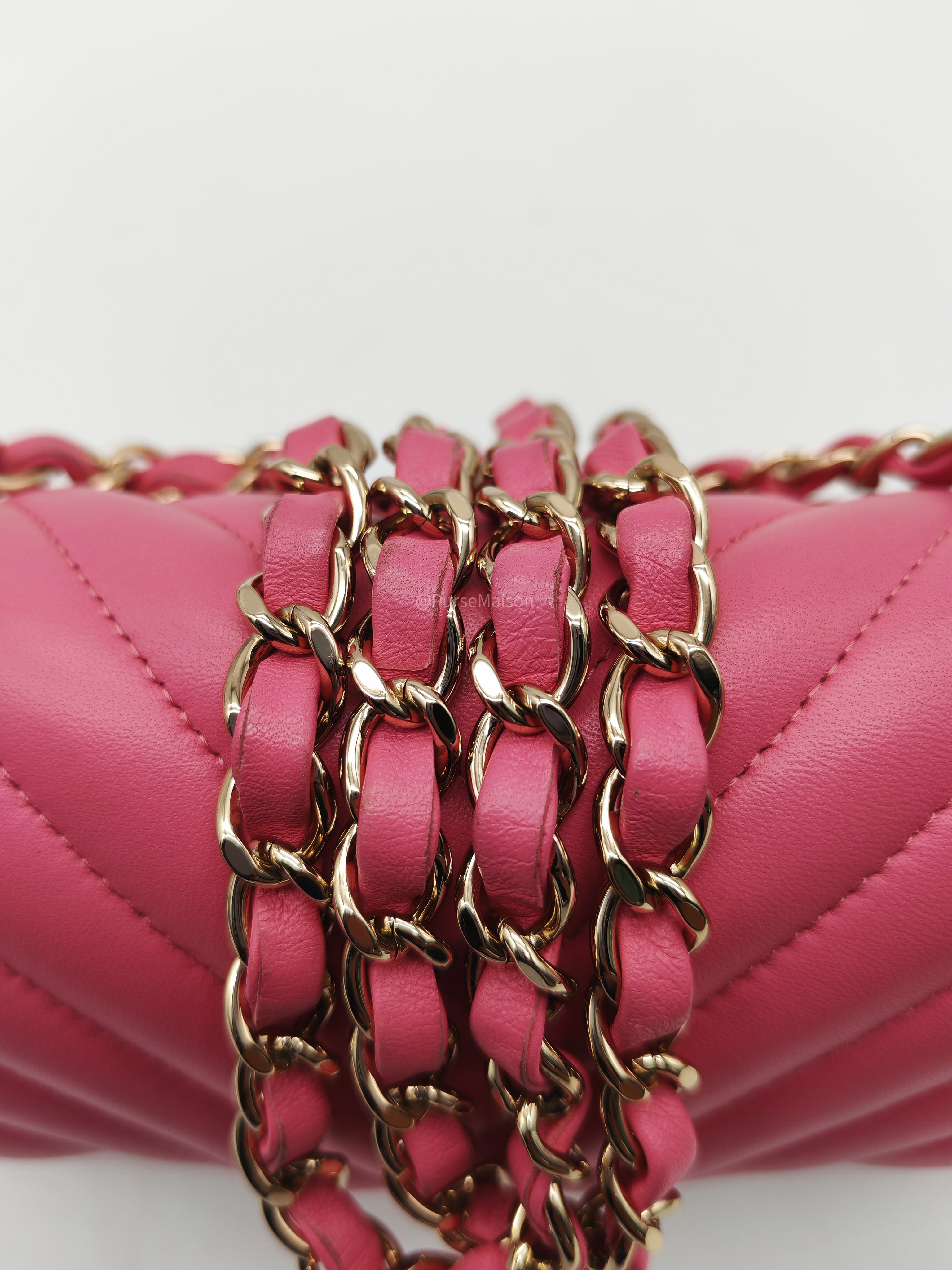 Chanel Classic Mini Rectangular Flap Bag in Pink Chevron Lambskin Leather Light Gold Hardware (Series 27)