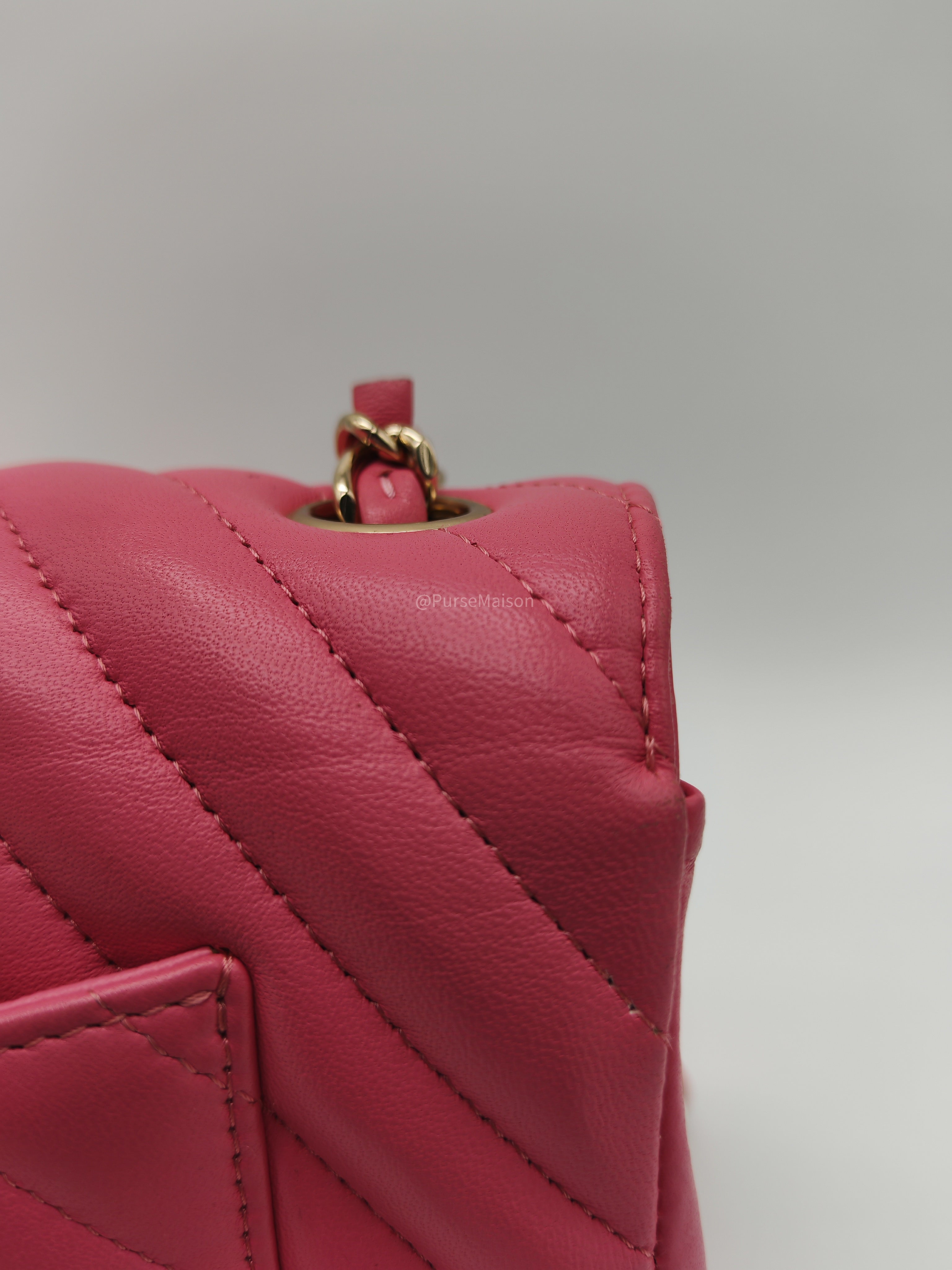 Chanel Classic Mini Rectangular Flap Bag in Pink Chevron Lambskin Leather Light Gold Hardware (Series 27)