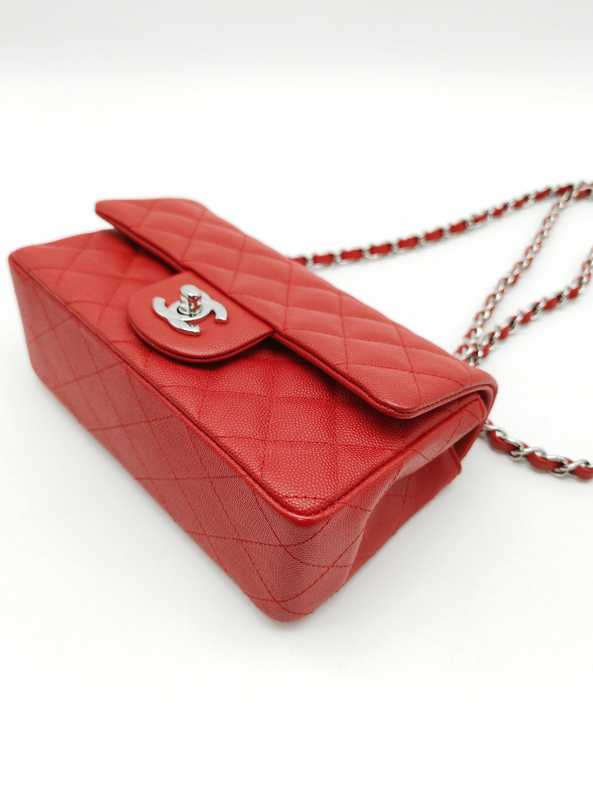 Chanel Classic Mini Rectangular Flap in Red Quilted Caviar Leather and Silver Hardware Series 27