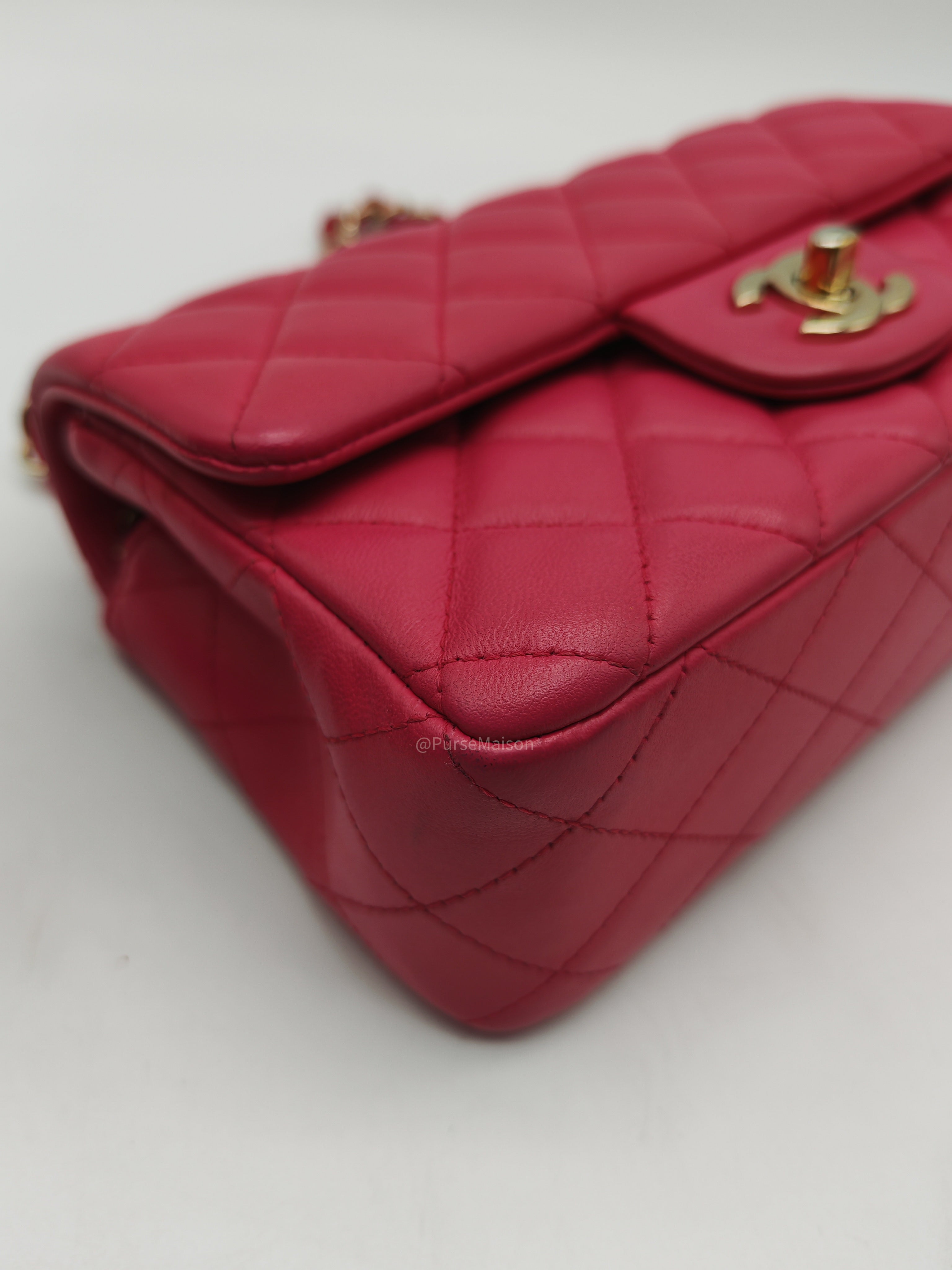 Chanel Classic Rectangular Mini Flap Bag in Fuchsia Lambskin Leather Light Gold Hardware (Series 21)