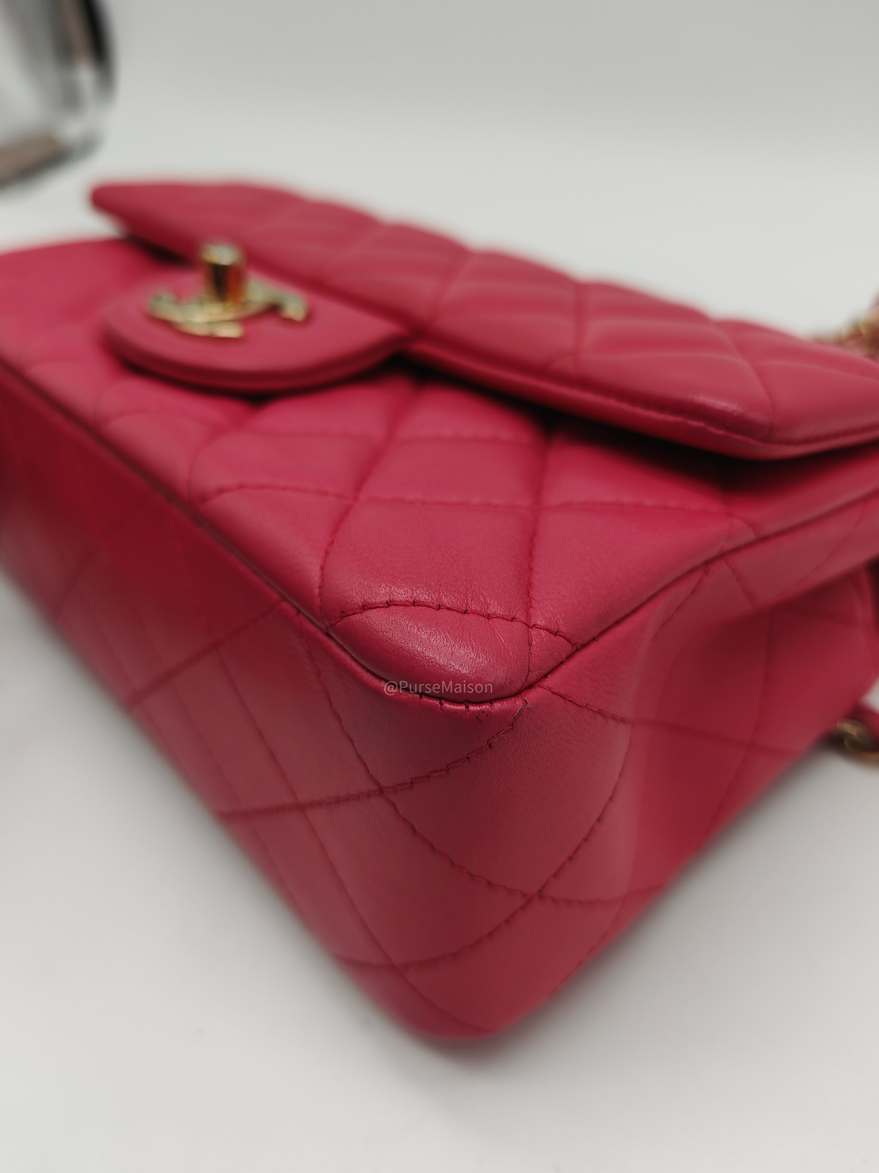 Chanel Classic Rectangular Mini Flap Bag in Fuchsia Lambskin Leather Light Gold Hardware (Series 21)