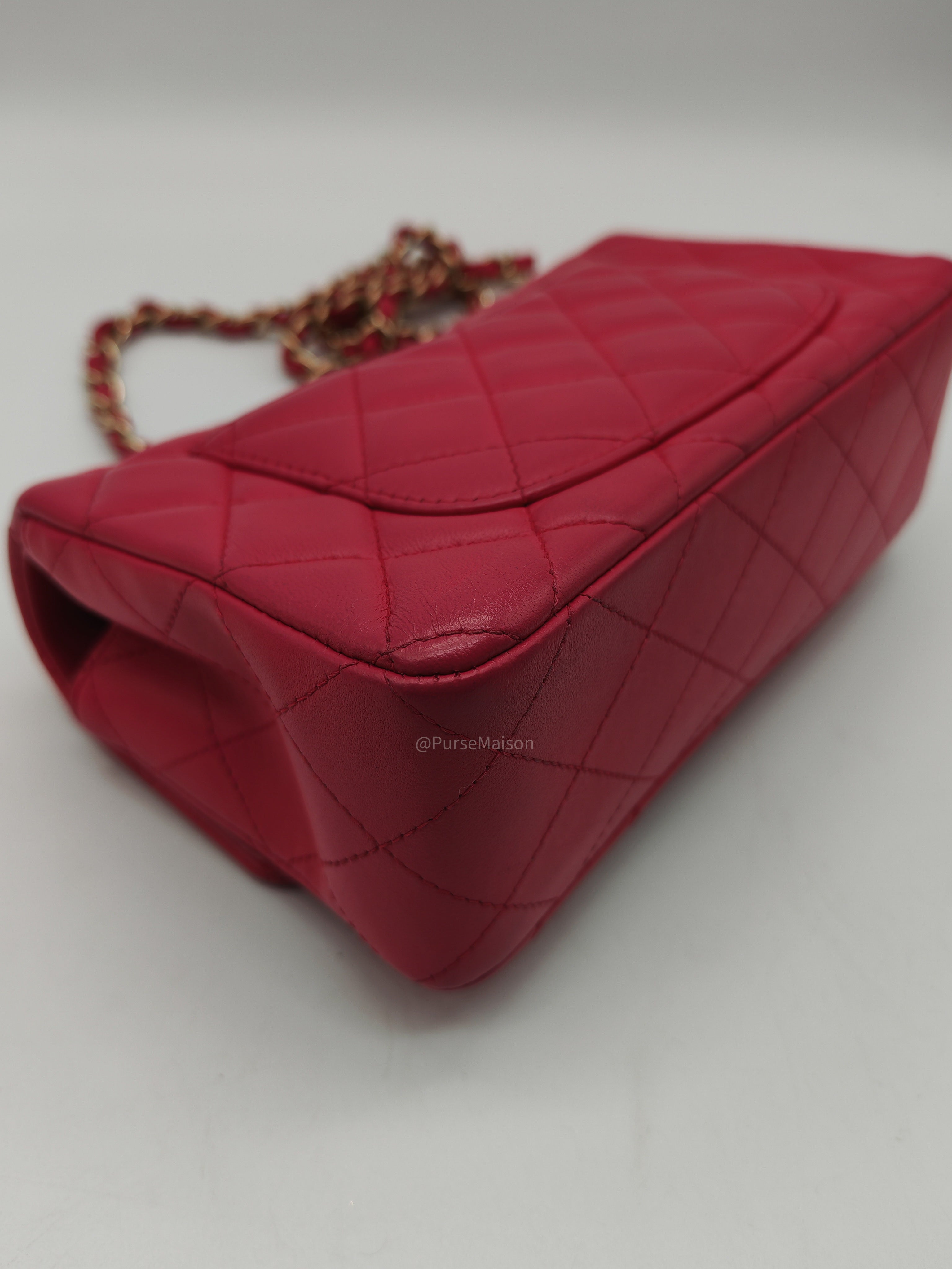 Chanel Classic Rectangular Mini Flap Bag in Fuchsia Lambskin Leather Light Gold Hardware (Series 21)