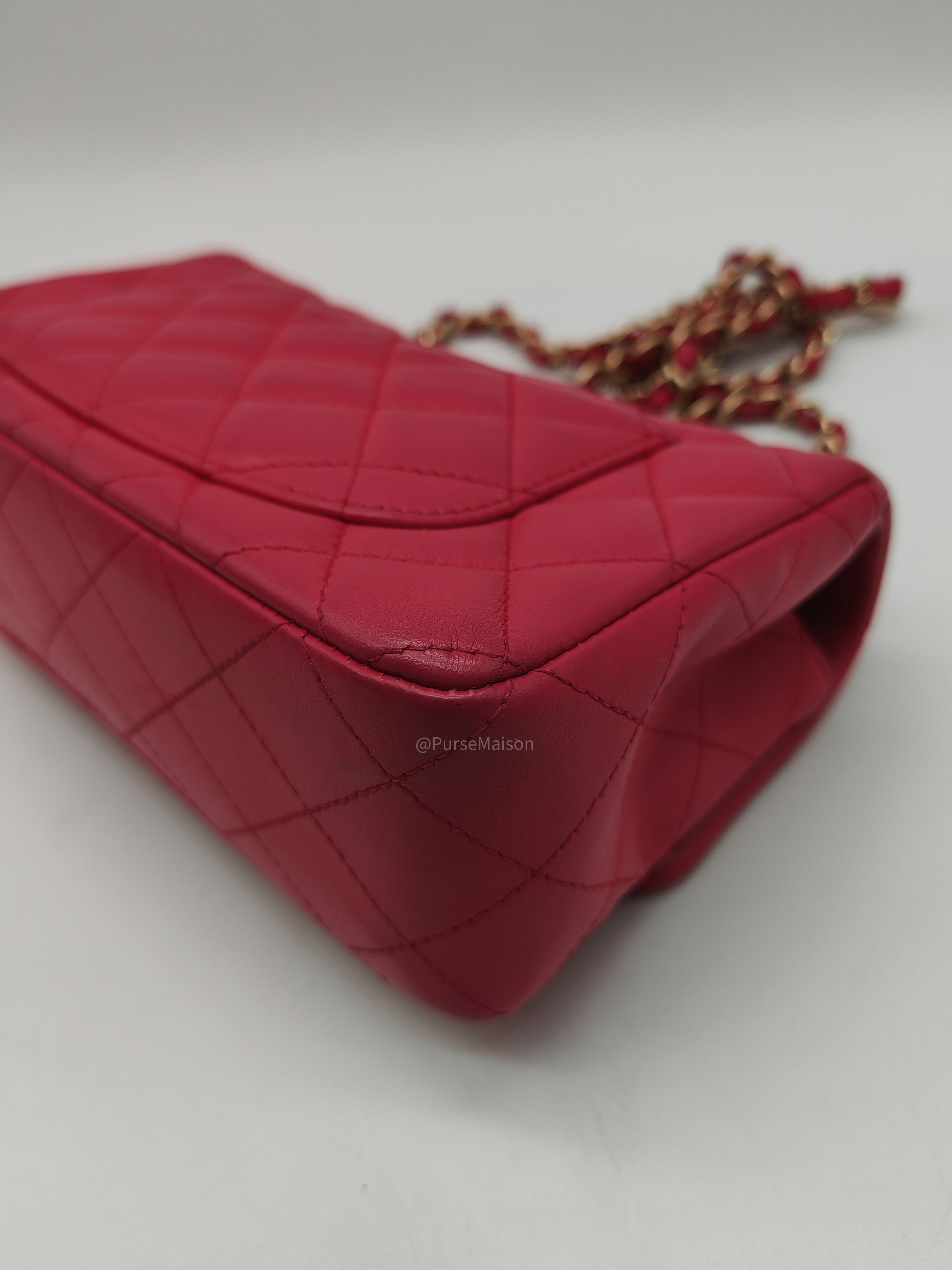 Chanel Classic Rectangular Mini Flap Bag in Fuchsia Lambskin Leather Light Gold Hardware (Series 21)