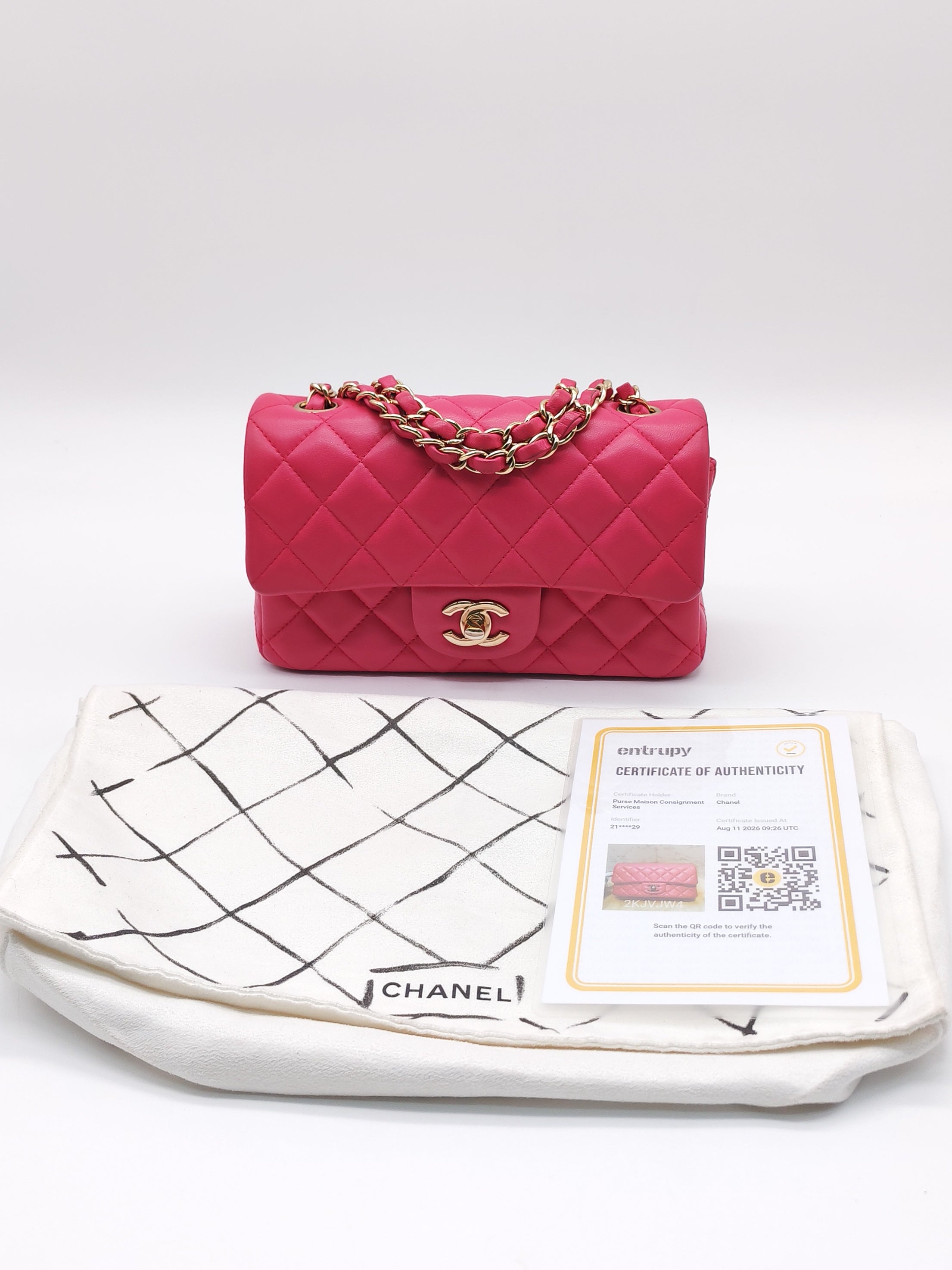 Chanel Classic Rectangular Mini Flap Bag in Fuchsia Lambskin Leather Light Gold Hardware (Series 21)