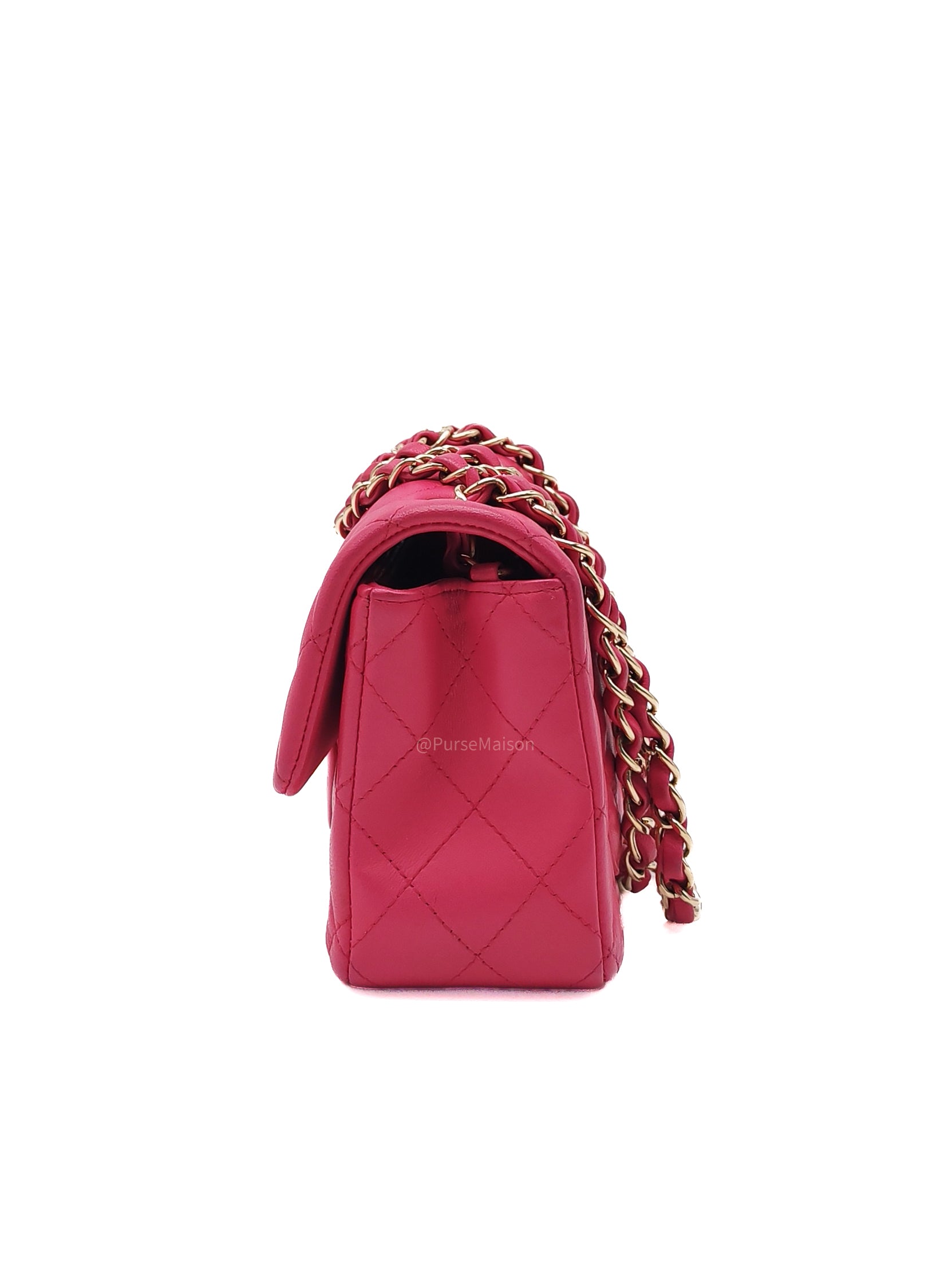 Chanel Classic Rectangular Mini Flap Bag in Fuchsia Lambskin Leather Light Gold Hardware (Series 21)
