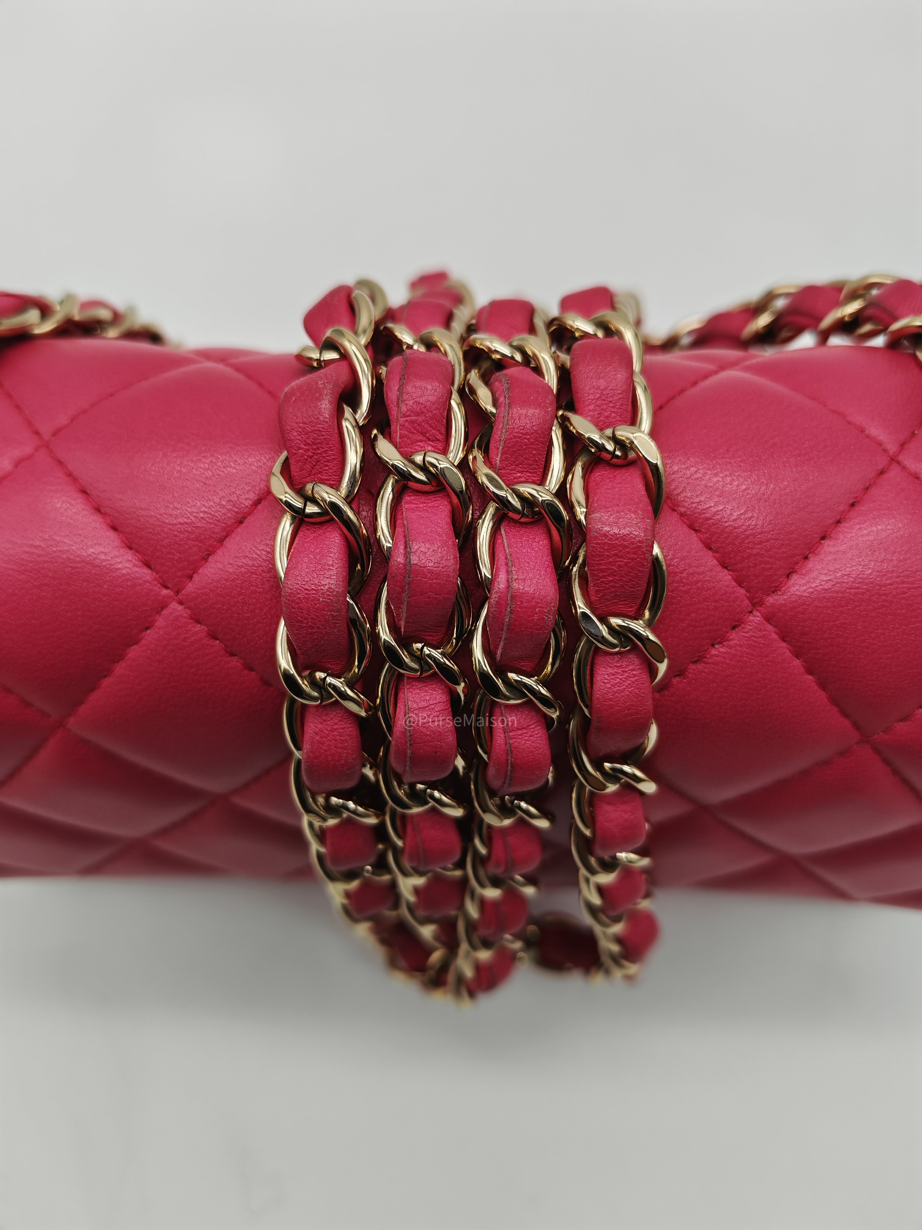 Chanel Classic Rectangular Mini Flap Bag in Fuchsia Lambskin Leather Light Gold Hardware (Series 21)