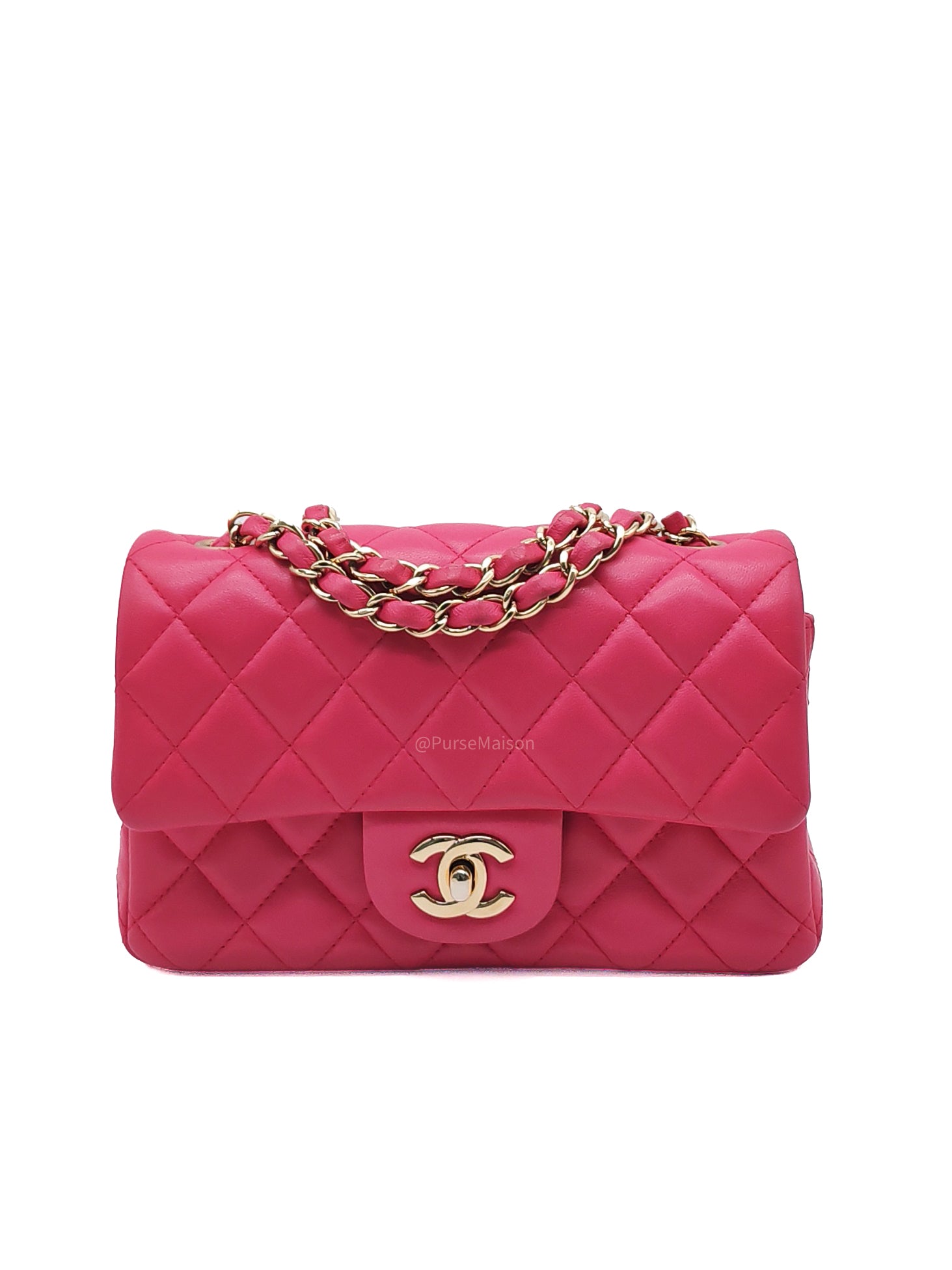 Chanel Classic Rectangular Mini Flap Bag in Fuchsia Lambskin Leather Light Gold Hardware (Series 21)