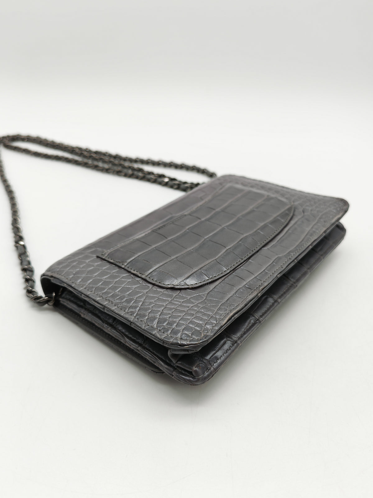 Chanel Classic Wallet on Chain (WOC) in Metallic Gray Alligator Leather and Silver Hardware Series 25