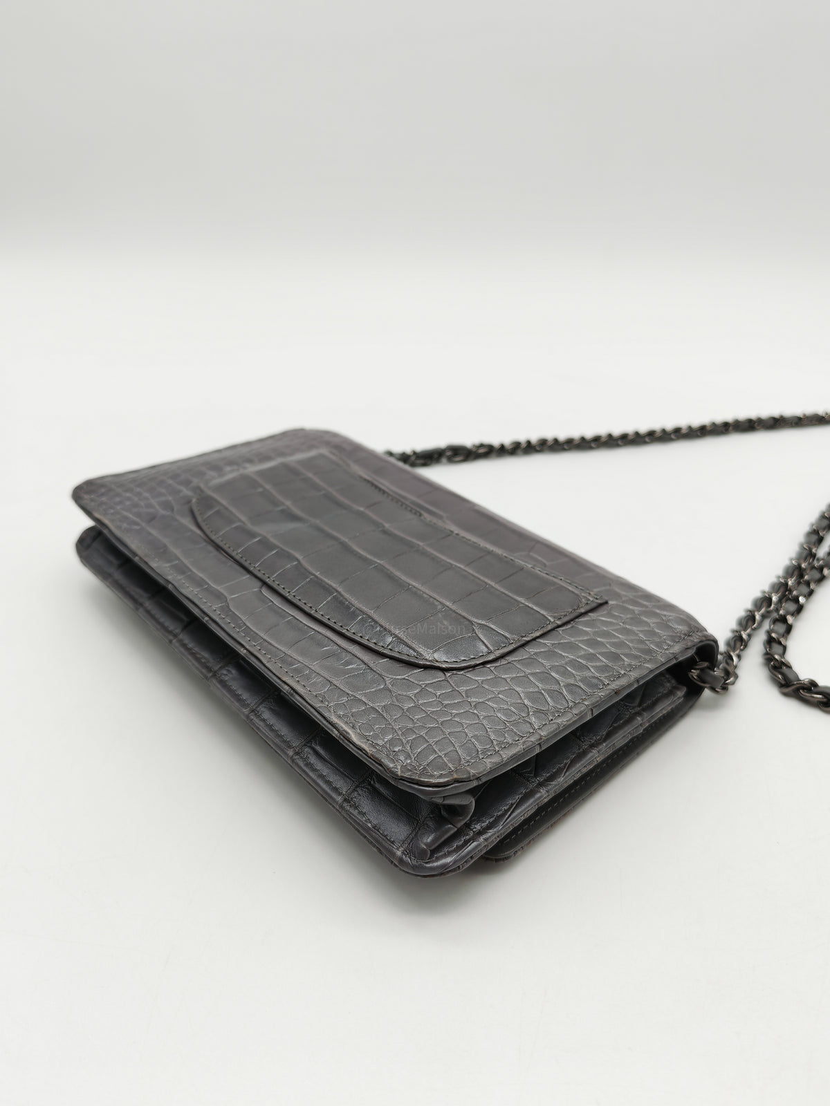 Chanel Classic Wallet on Chain (WOC) in Metallic Gray Alligator Leather and Silver Hardware Series 25