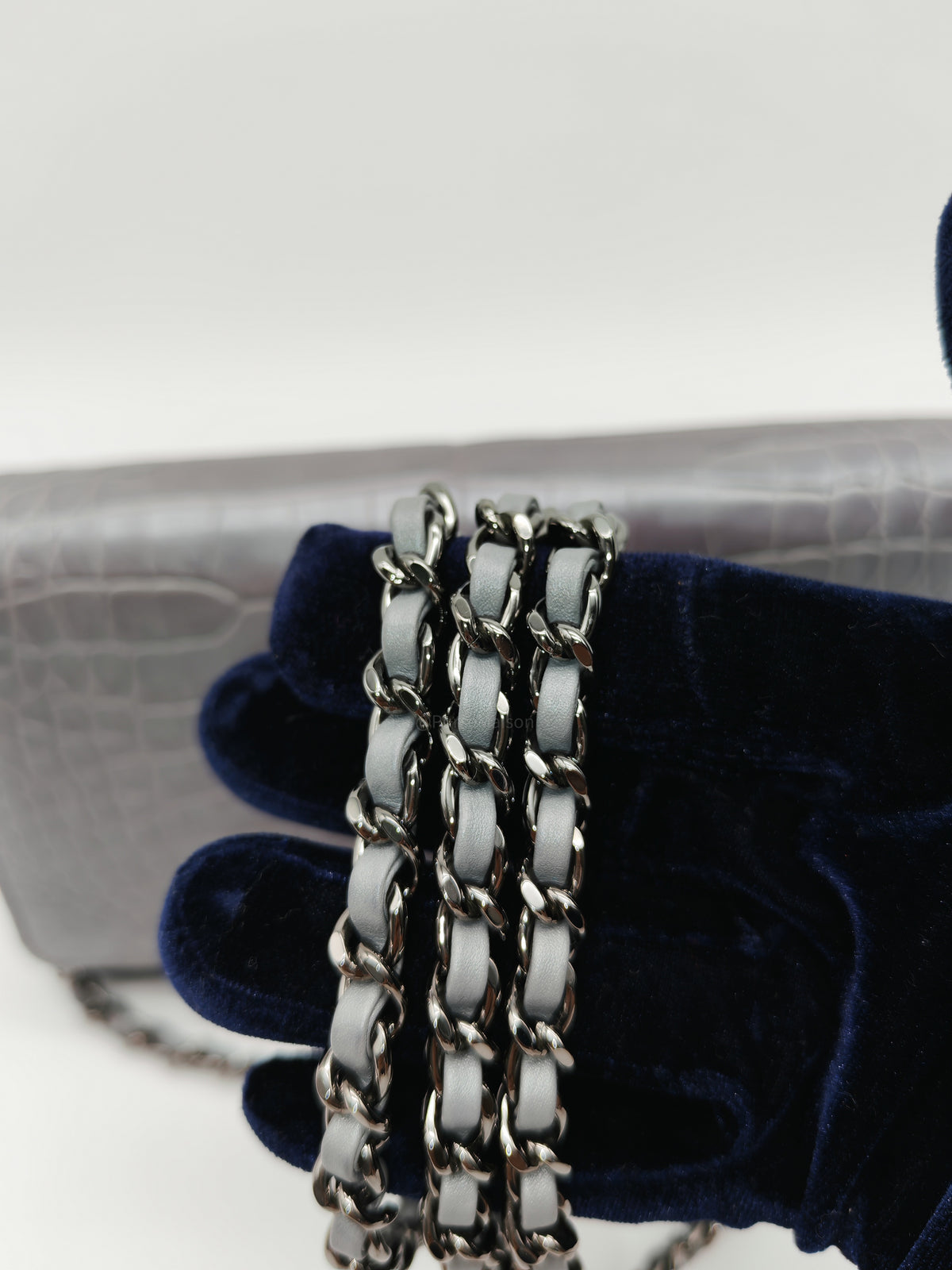 Chanel Classic Wallet on Chain (WOC) in Metallic Gray Alligator Leather and Silver Hardware Series 25