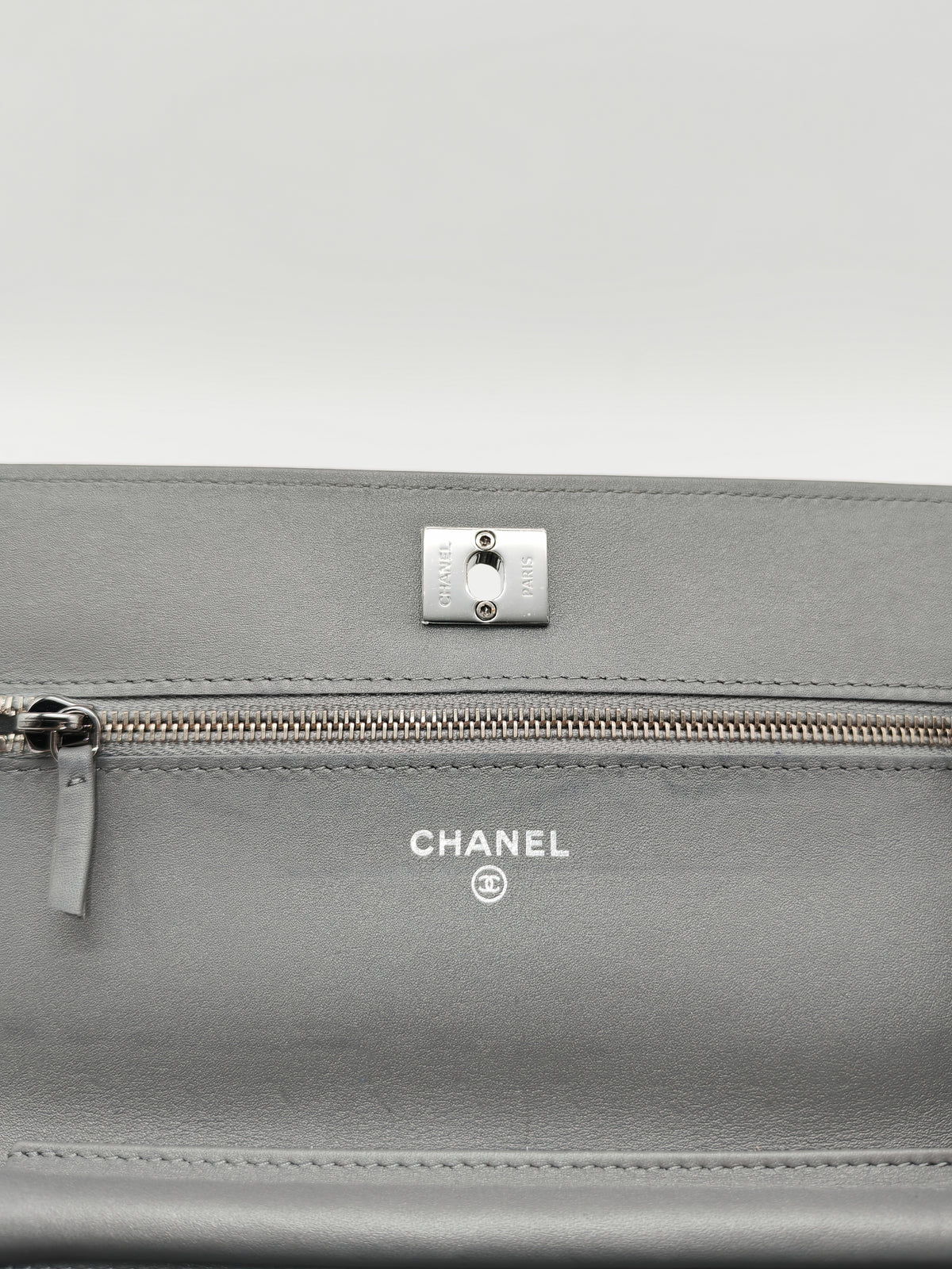 Chanel Classic Wallet on Chain (WOC) in Metallic Gray Alligator Leather and Silver Hardware Series 25