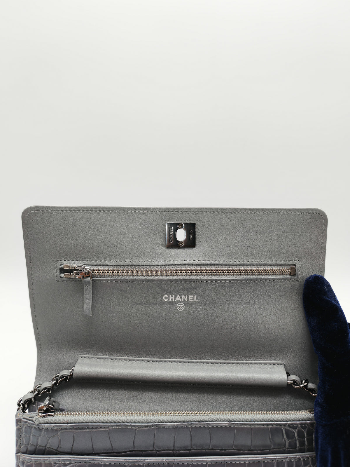 Chanel Classic Wallet on Chain (WOC) in Metallic Gray Alligator Leather and Silver Hardware Series 25