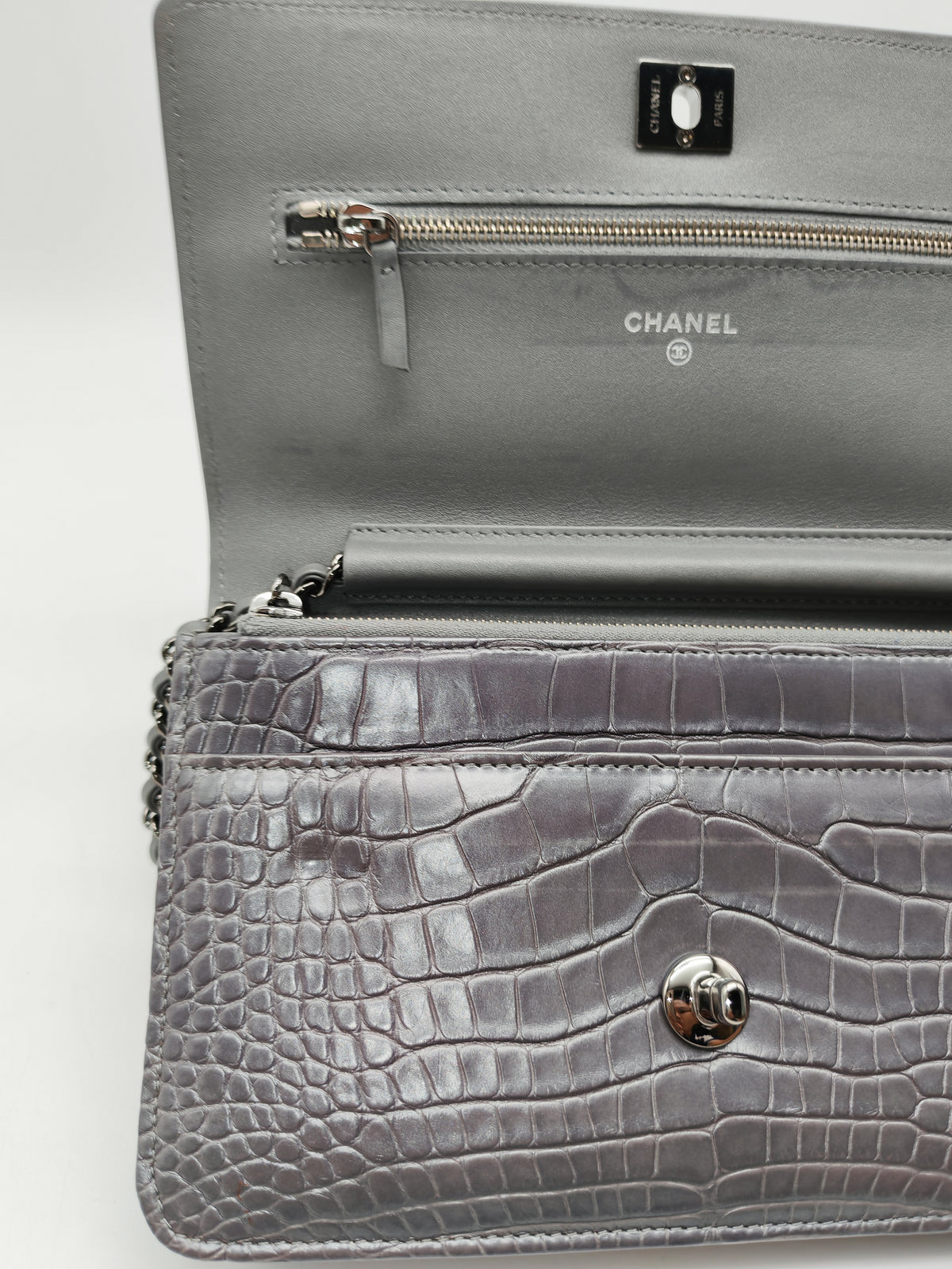 Chanel Classic Wallet on Chain (WOC) in Metallic Gray Alligator Leather and Silver Hardware Series 25