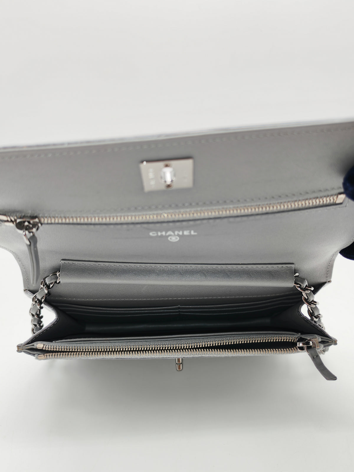 Chanel Classic Wallet on Chain (WOC) in Metallic Gray Alligator Leather and Silver Hardware Series 25