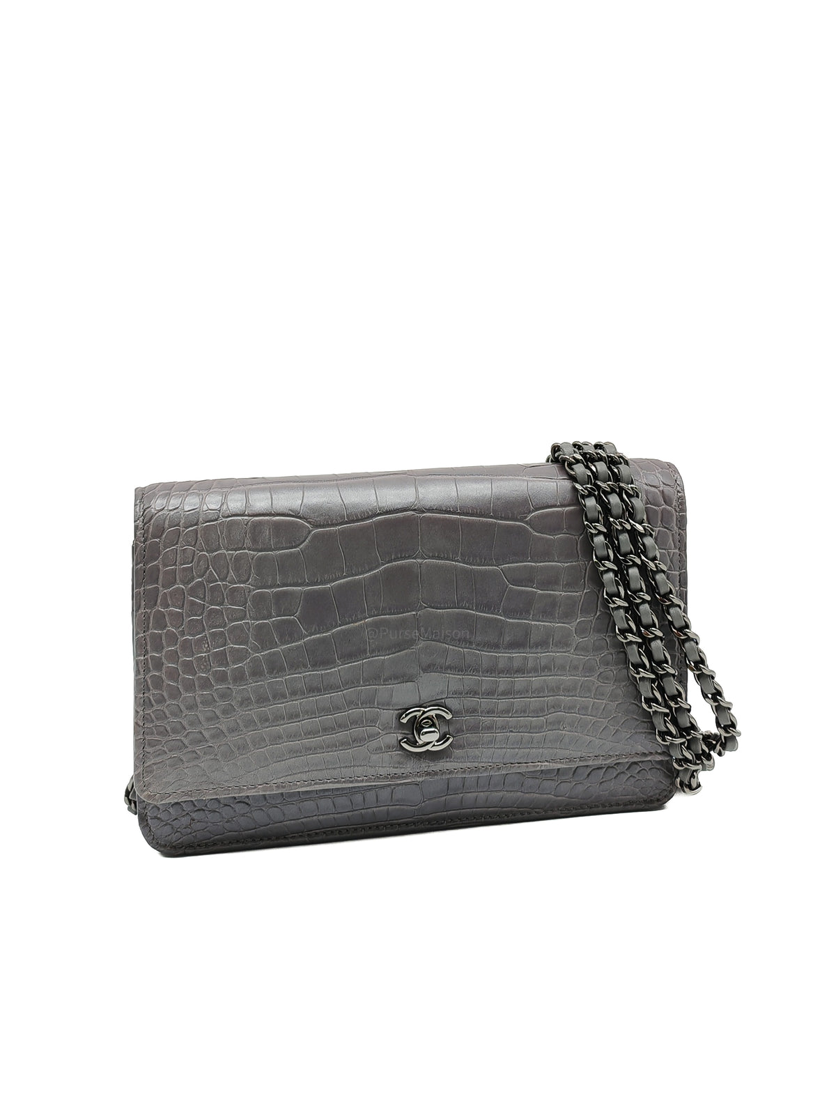 Chanel Classic Wallet on Chain (WOC) in Metallic Gray Alligator Leather and Silver Hardware Series 25
