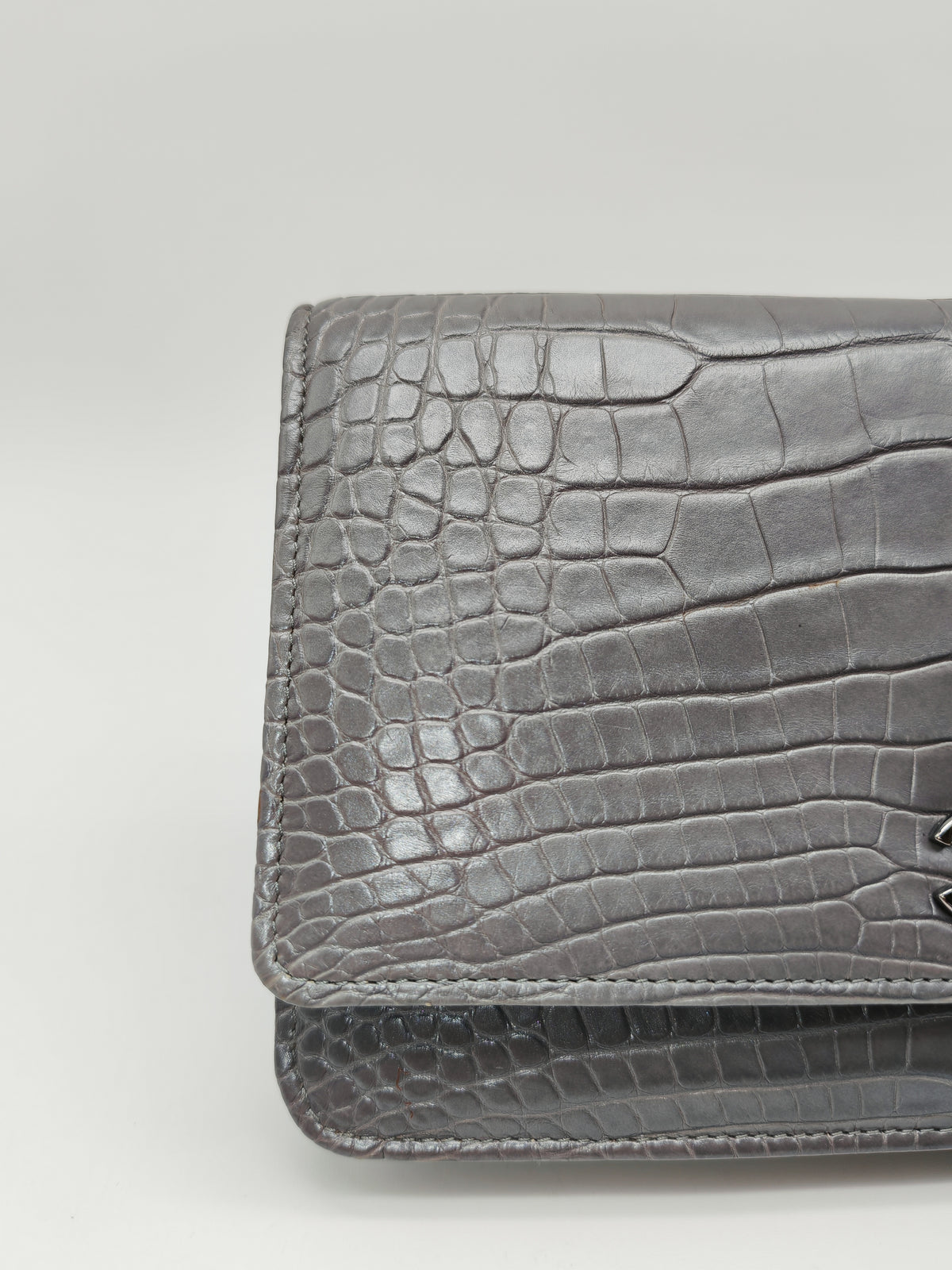 Chanel Classic Wallet on Chain (WOC) in Metallic Gray Alligator Leather and Silver Hardware Series 25