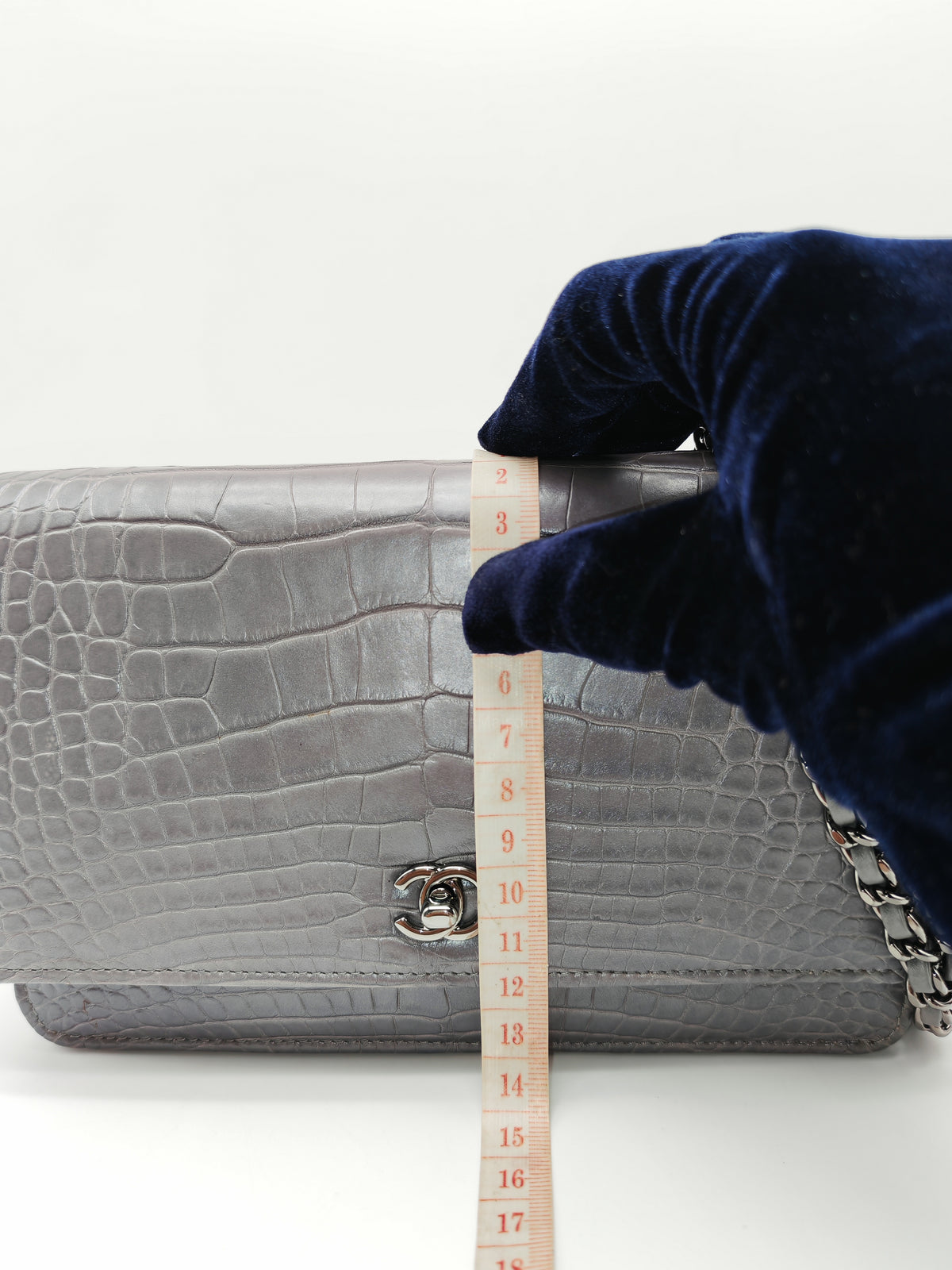 Chanel Classic Wallet on Chain (WOC) in Metallic Gray Alligator Leather and Silver Hardware Series 25