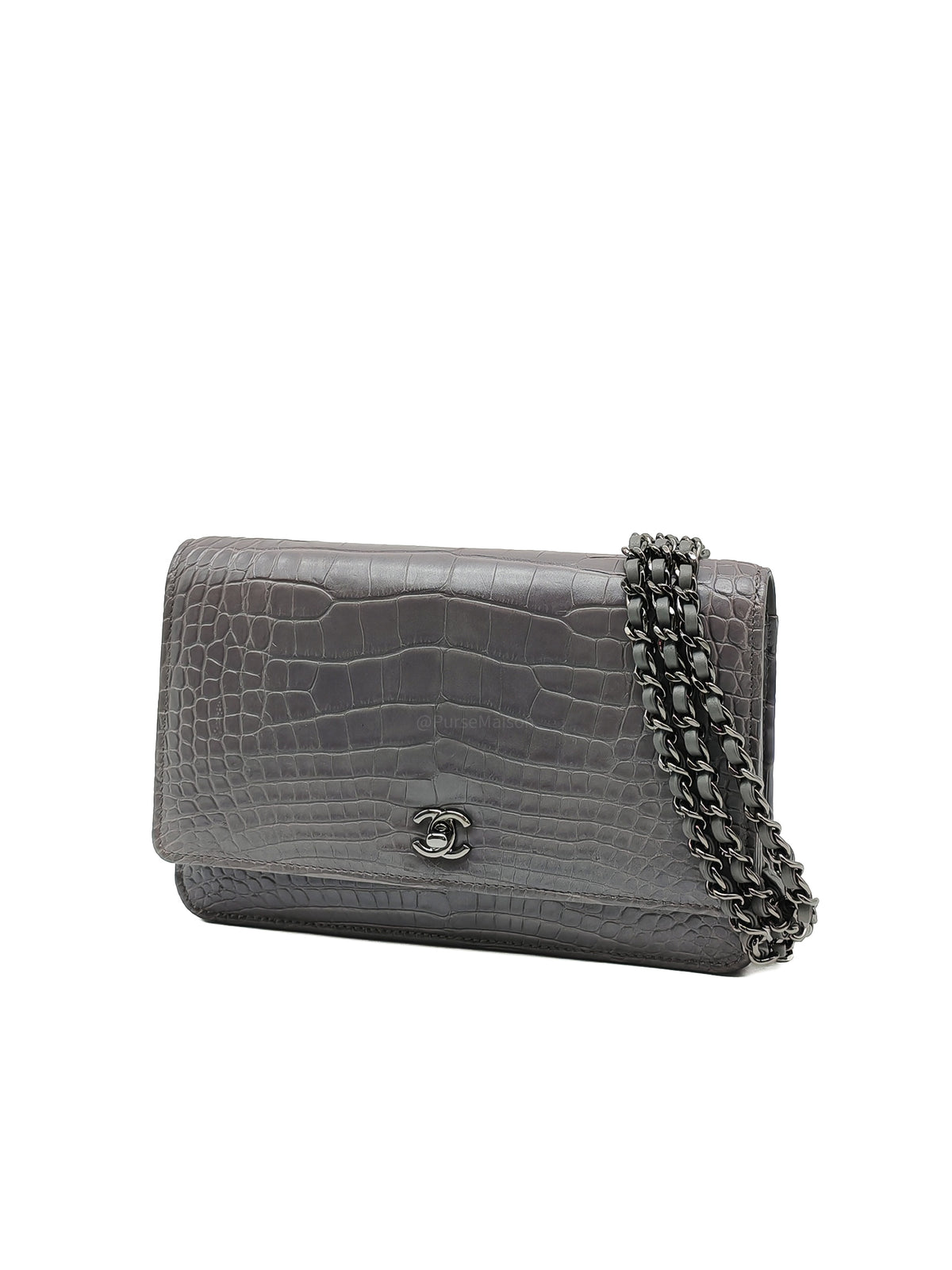 Chanel Classic Wallet on Chain (WOC) in Metallic Gray Alligator Leather and Silver Hardware Series 25