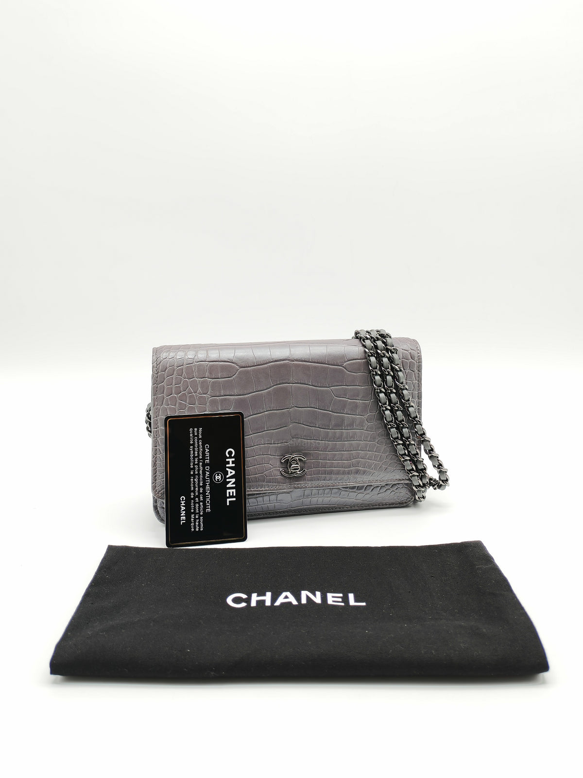 Chanel Classic Wallet on Chain (WOC) in Metallic Gray Alligator Leather and Silver Hardware Series 25