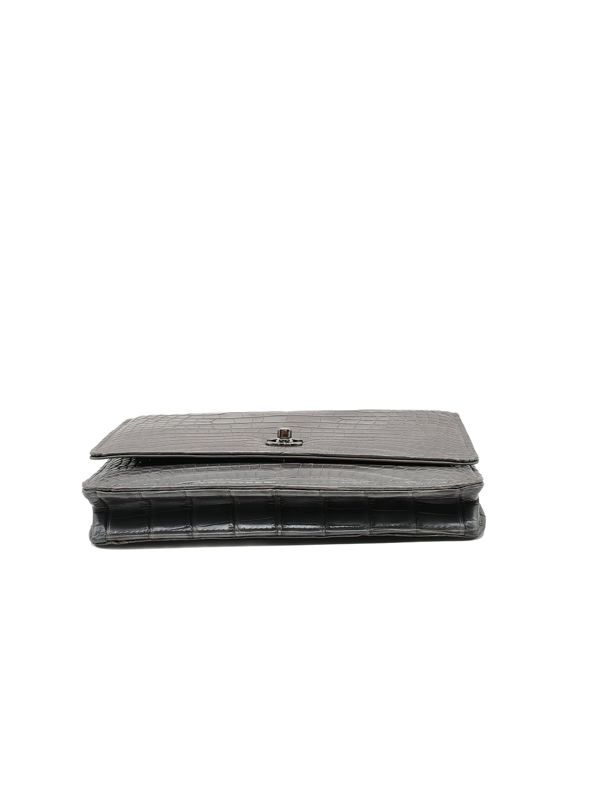 Chanel Classic Wallet on Chain (WOC) in Metallic Gray Alligator Leather and Silver Hardware Series 25