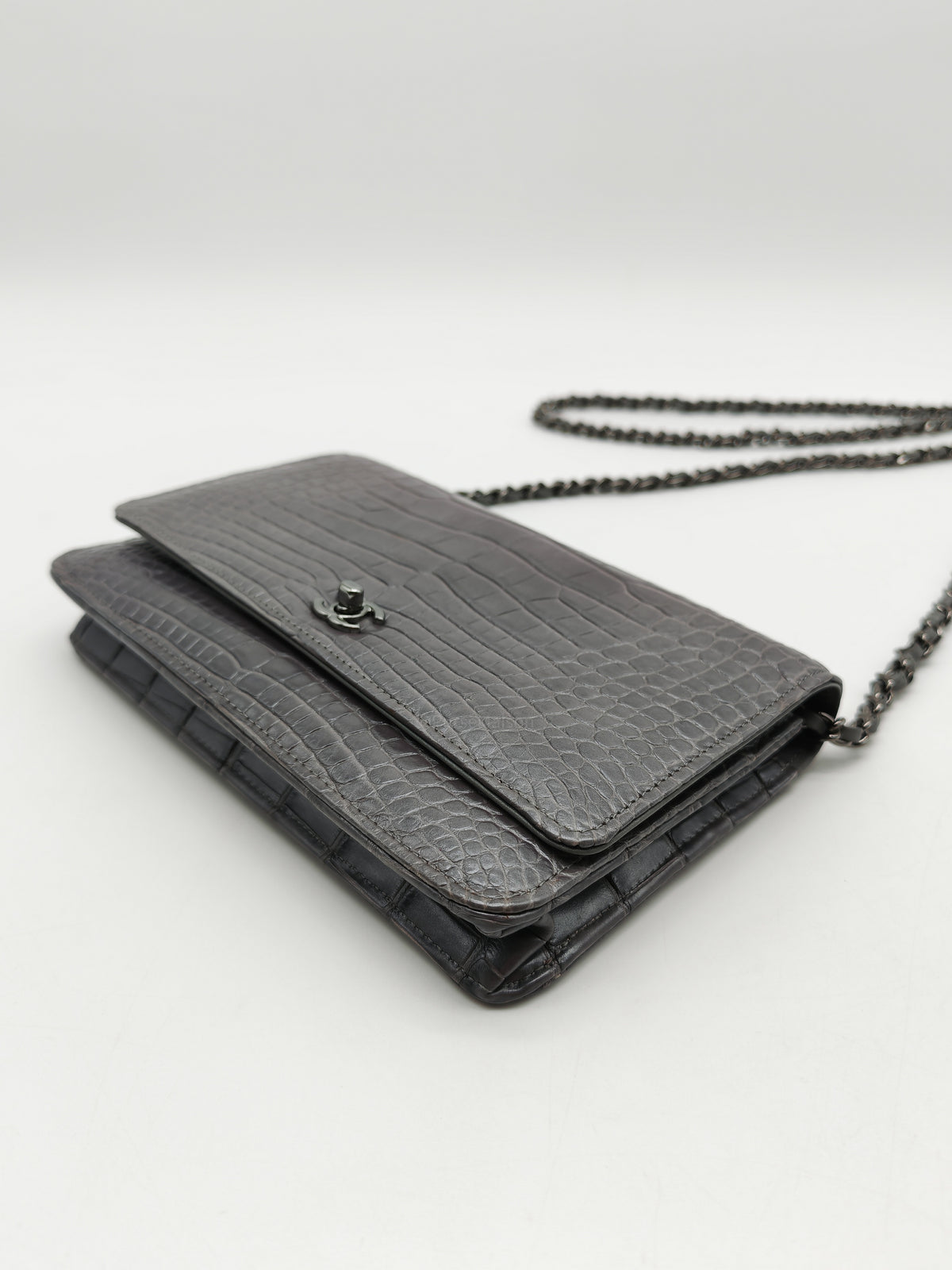 Chanel Classic Wallet on Chain (WOC) in Metallic Gray Alligator Leather and Silver Hardware Series 25