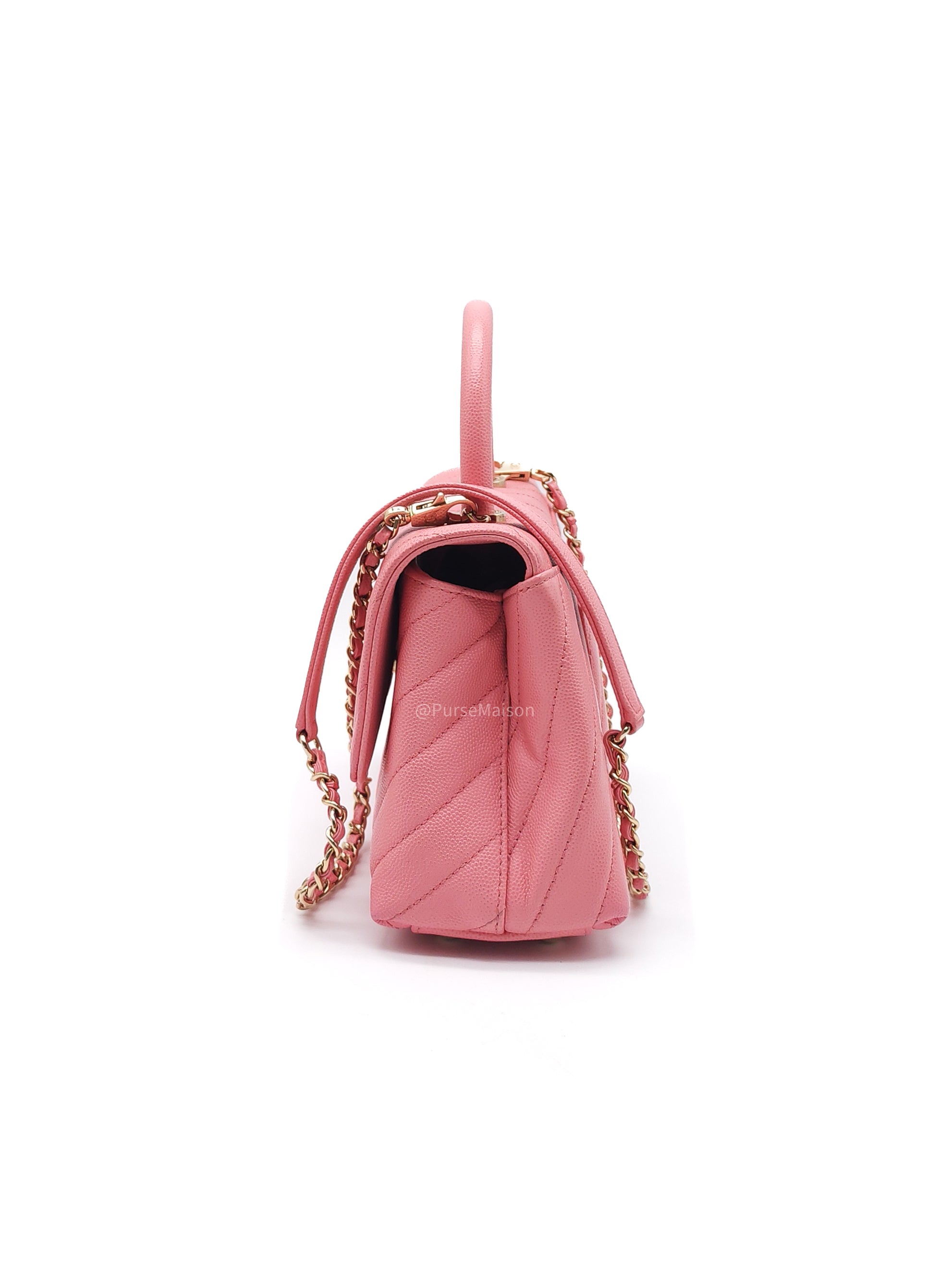 Chanel Coco Handle Small in Pink Chevron Quilted Caviar Leather and Light Gold Hardware Series 29
