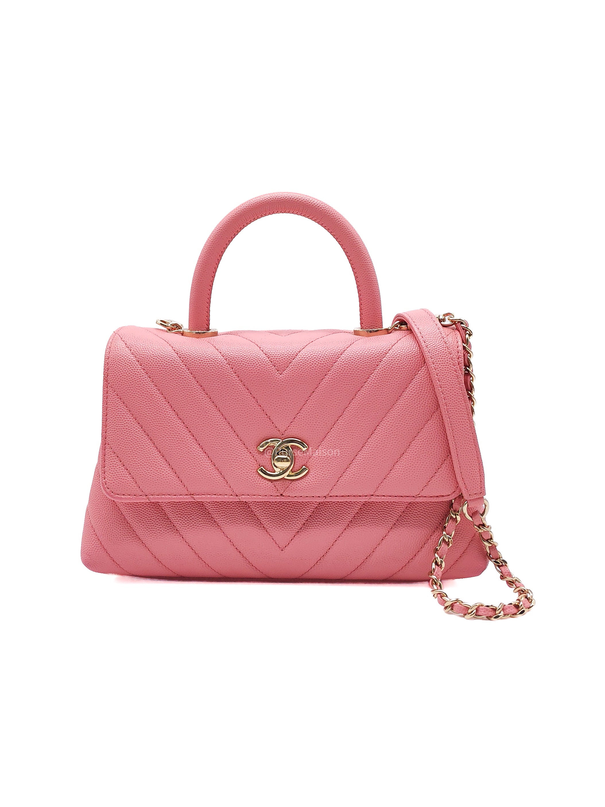 Chanel Coco Handle Small in Pink Chevron Quilted Caviar Leather and Light Gold Hardware Series 29