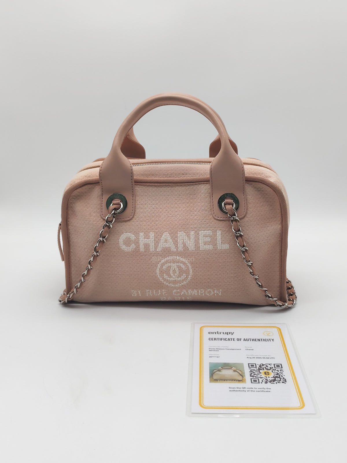 Chanel Deauville Bowling Bag Small in Pink Canvas Silver Hardware (Series 20)