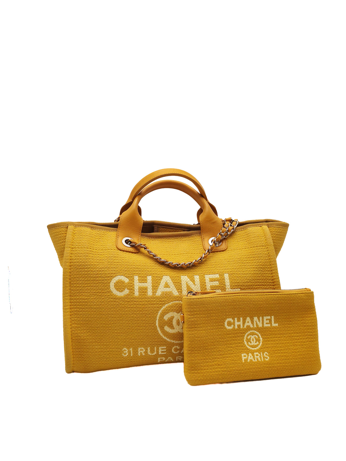Chanel Deauville Tote Bag in Vibrant Yellow Mixed Fibers and Light Gold Hardware Microchip | Purse Maison Luxury Bags Shop