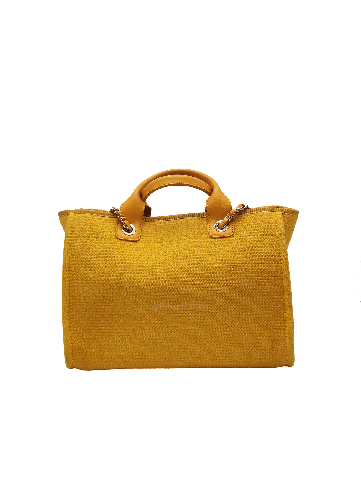 Chanel Deauville Tote Bag in Vibrant Yellow Mixed Fibers and Light Gold Hardware Microchip | Purse Maison Luxury Bags Shop