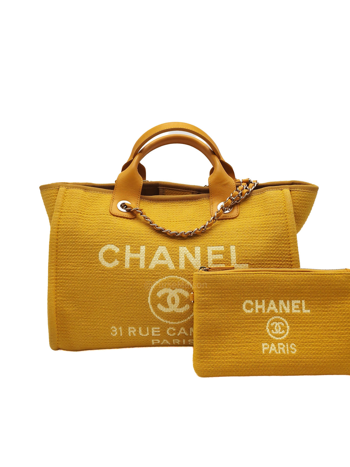 Chanel Deauville Tote Bag in Vibrant Yellow Mixed Fibers and Light Gold Hardware Microchip | Purse Maison Luxury Bags Shop