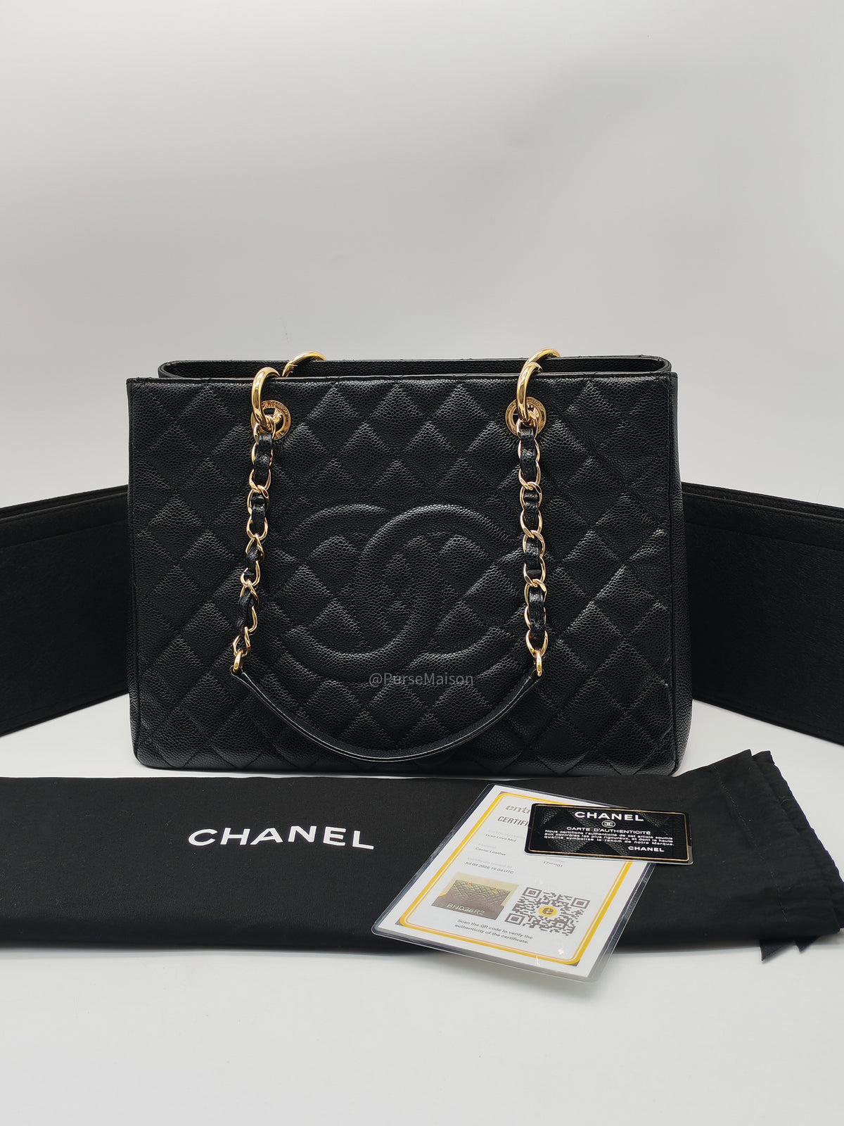 Chanel Grand Shopping Tote Bag (GST) in Black Quilted Caviar Leather and Gold Hardware Series 17