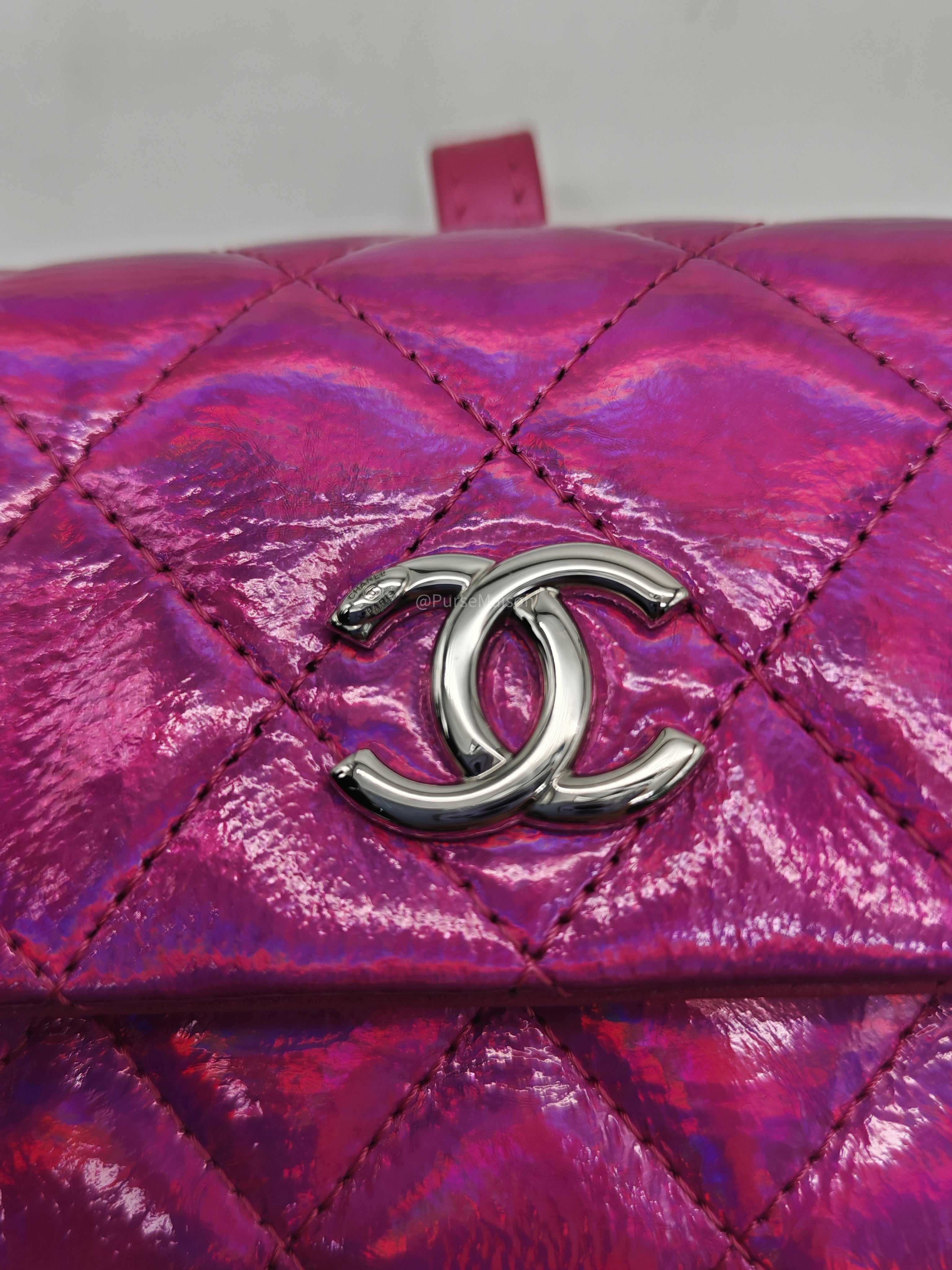 Chanel 24C Hook Card Holder Micro Bag in Fuchsia Pink Iridescent Mirror Goatskin Silver Hardware (Microchip)