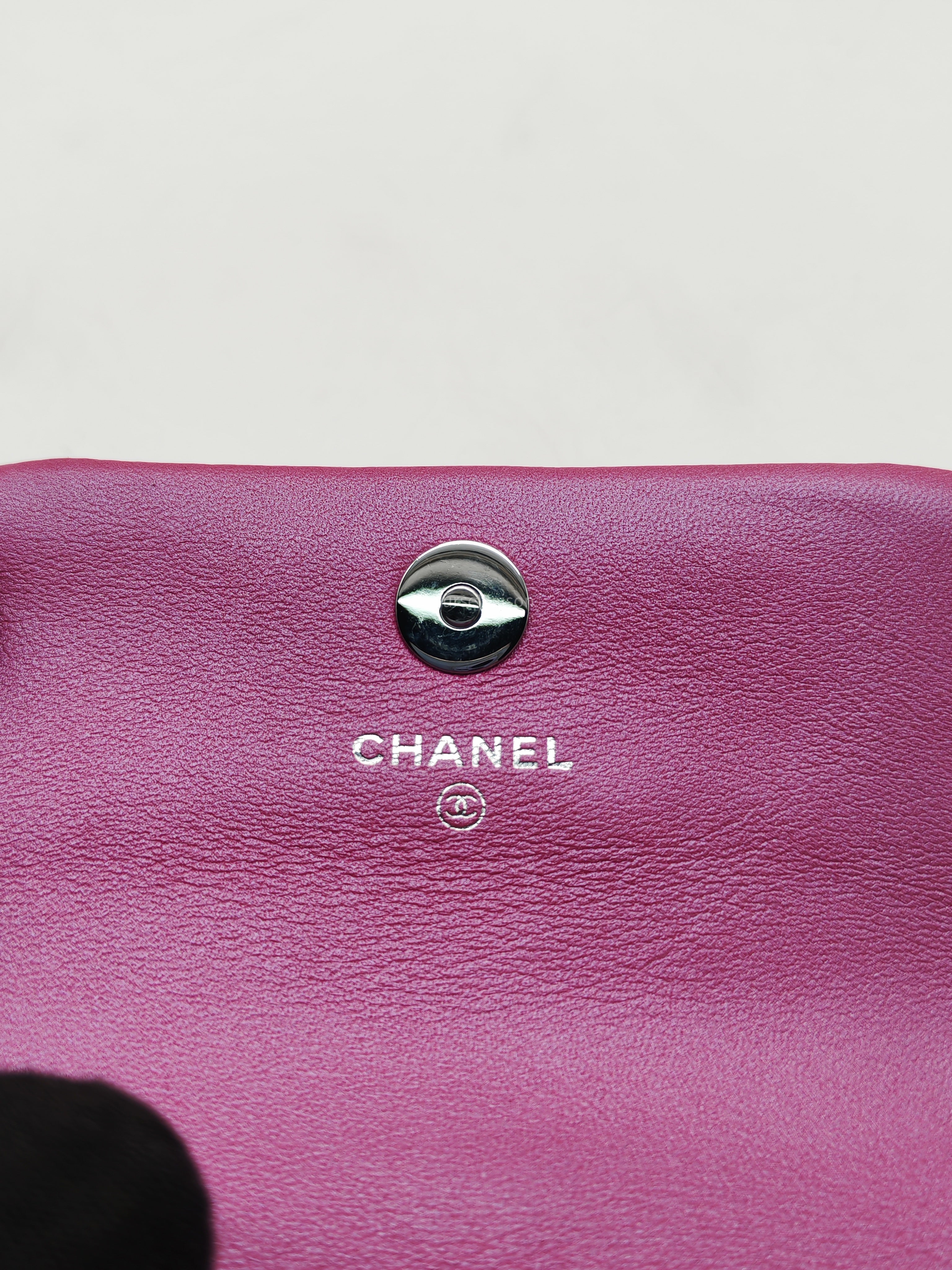 Chanel 24C Hook Card Holder Micro Bag in Fuchsia Pink Iridescent Mirror Goatskin Silver Hardware (Microchip)