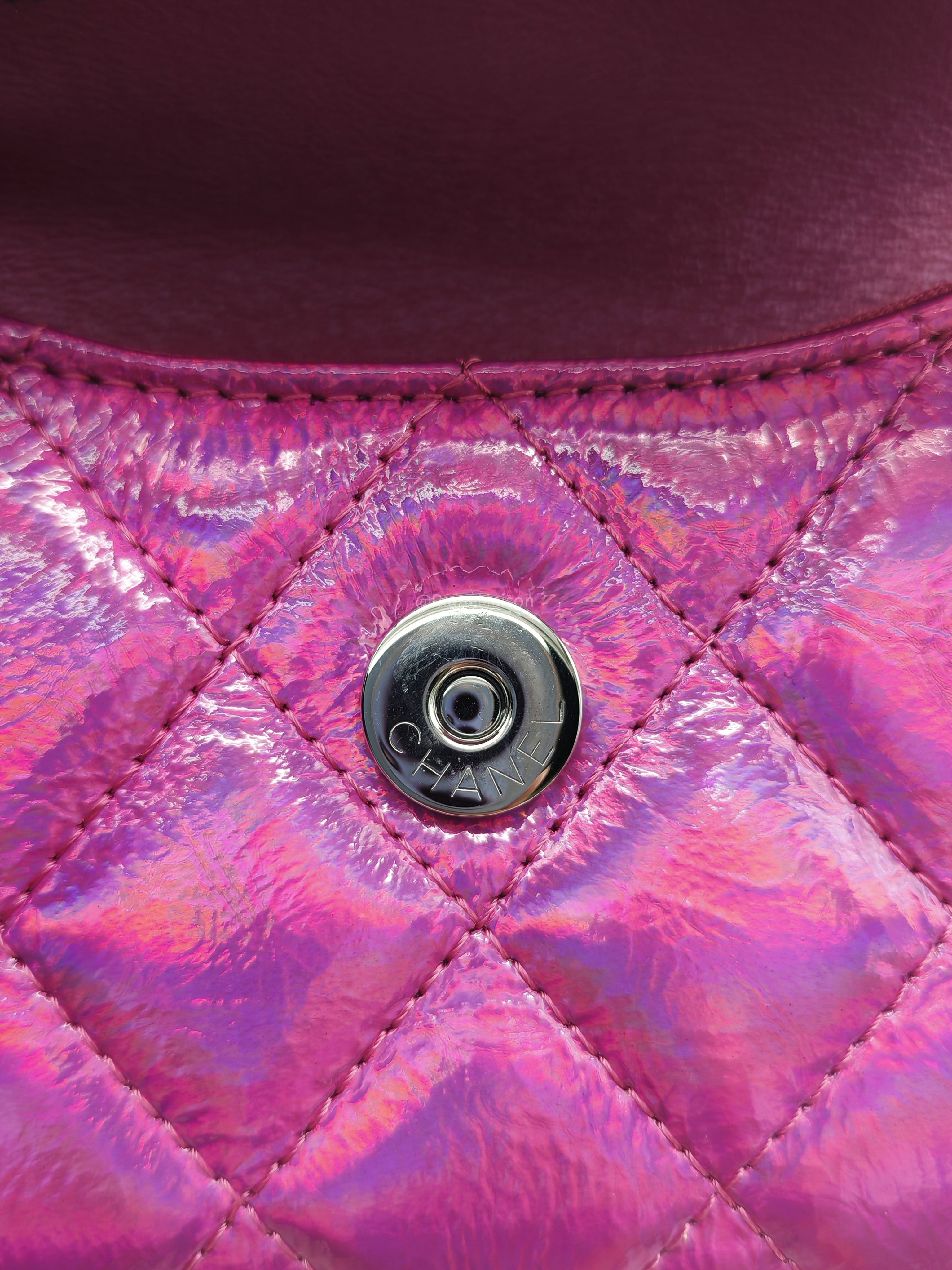 Chanel 24C Hook Card Holder Micro Bag in Fuchsia Pink Iridescent Mirror Goatskin Silver Hardware (Microchip)