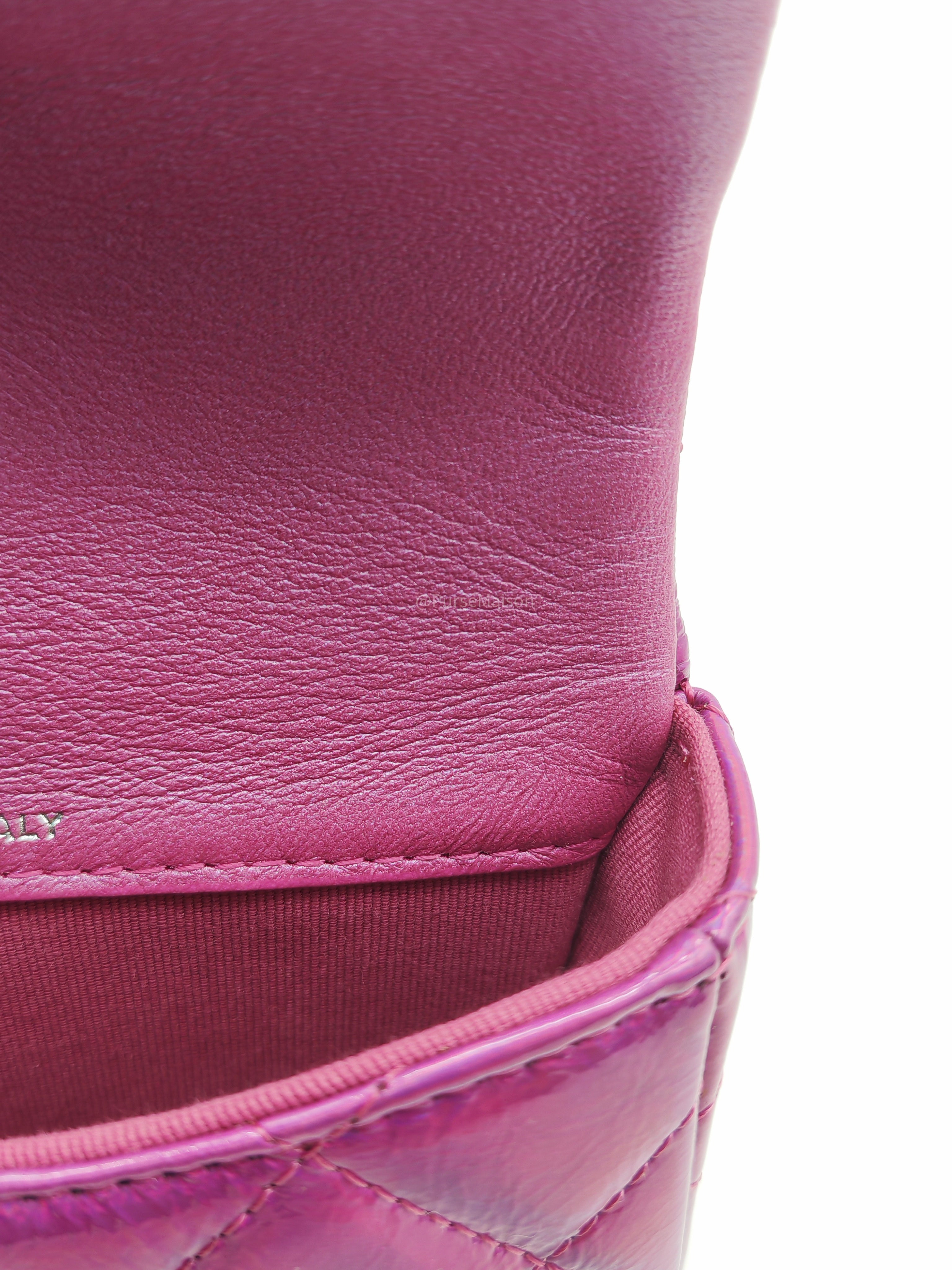 Chanel 24C Hook Card Holder Micro Bag in Fuchsia Pink Iridescent Mirror Goatskin Silver Hardware (Microchip)