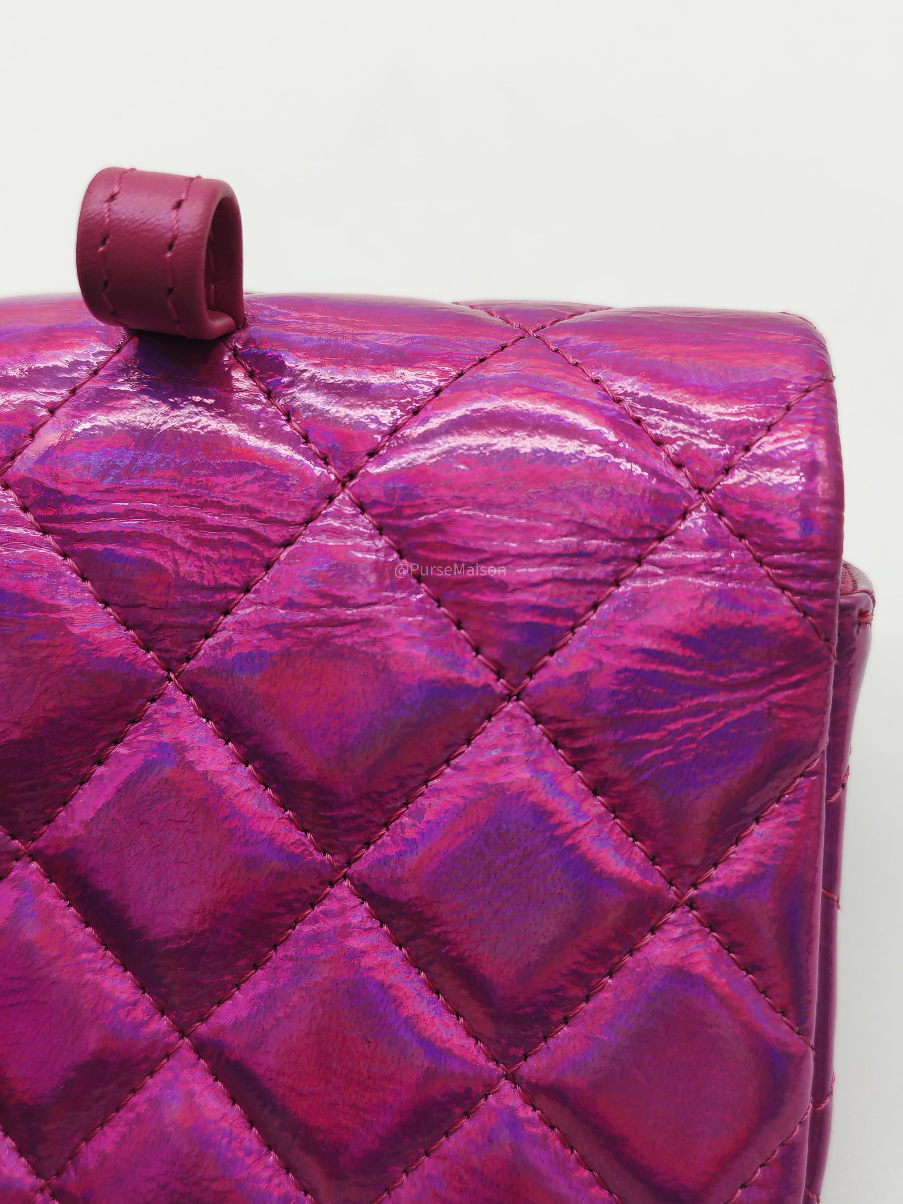 Chanel 24C Hook Card Holder Micro Bag in Fuchsia Pink Iridescent Mirror Goatskin Silver Hardware (Microchip)