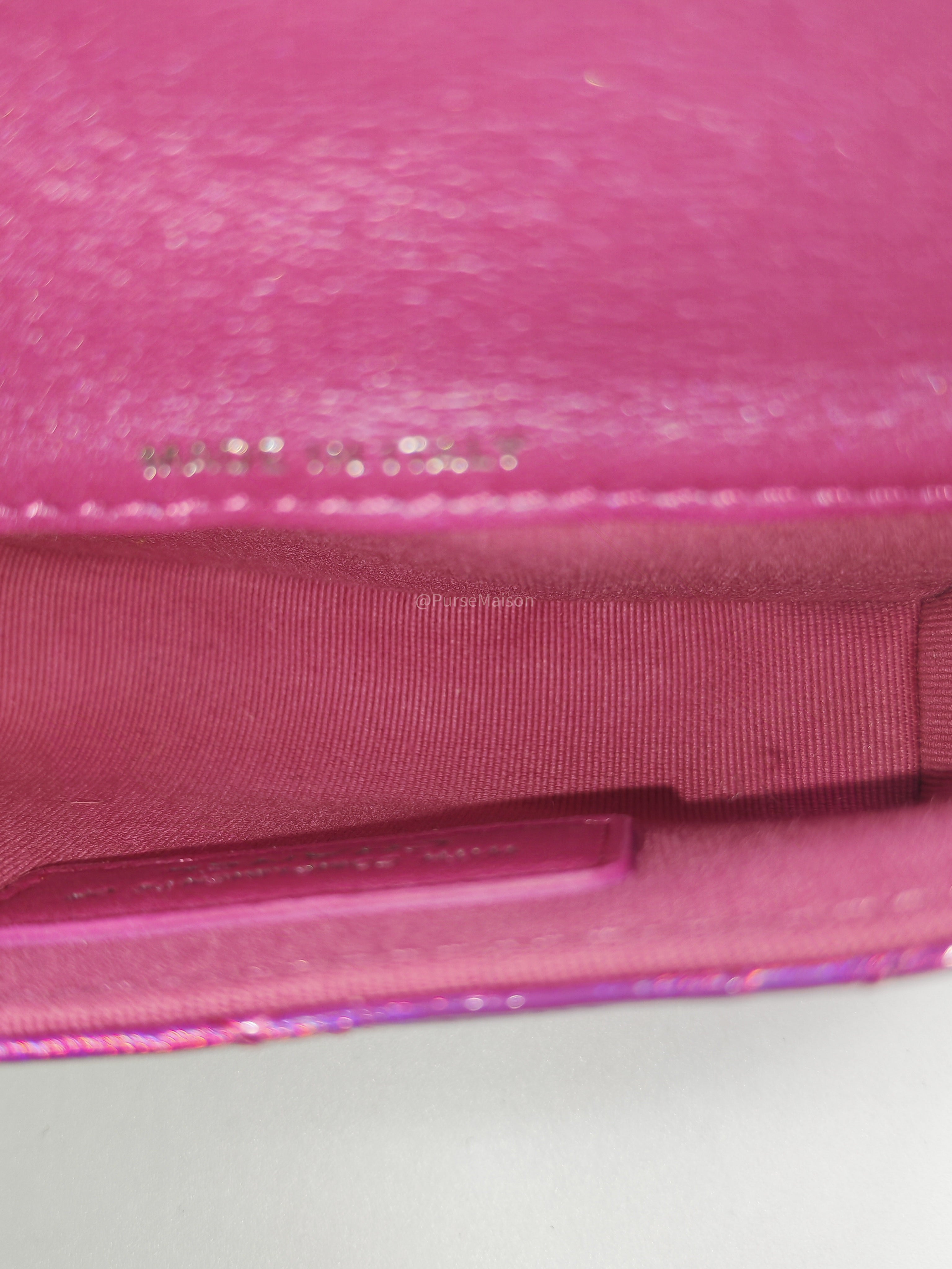 Chanel 24C Hook Card Holder Micro Bag in Fuchsia Pink Iridescent Mirror Goatskin Silver Hardware (Microchip)