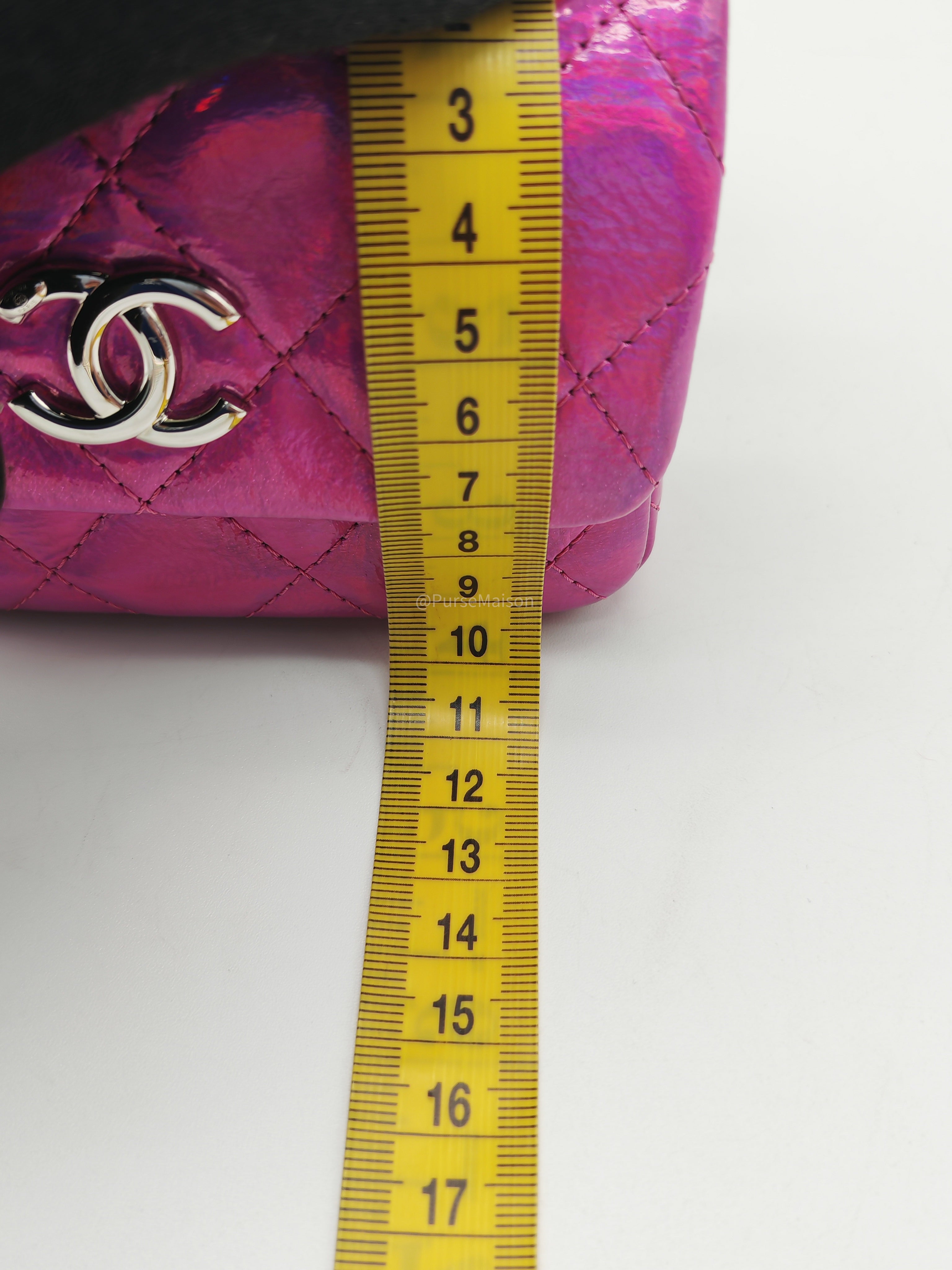 Chanel 24C Hook Card Holder Micro Bag in Fuchsia Pink Iridescent Mirror Goatskin Silver Hardware (Microchip)