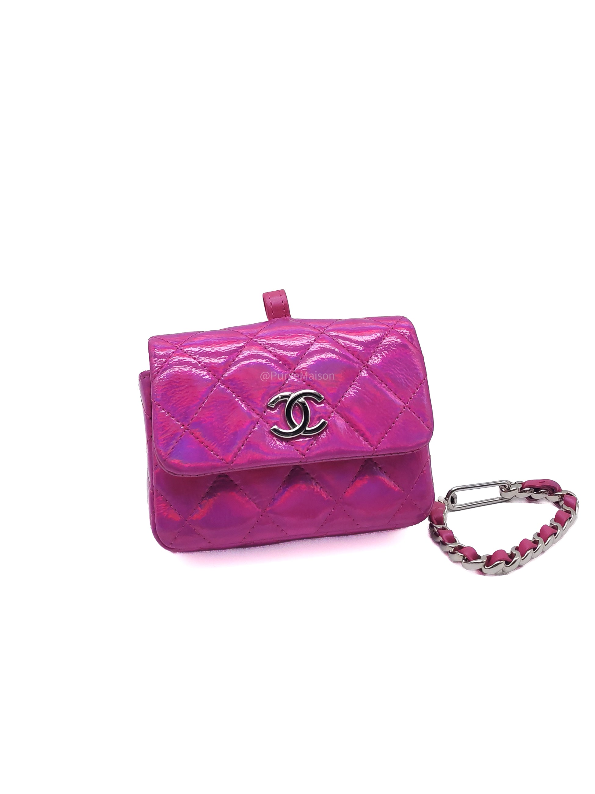 Chanel 24C Hook Card Holder Micro Bag in Fuchsia Pink Iridescent Mirror Goatskin Silver Hardware (Microchip)