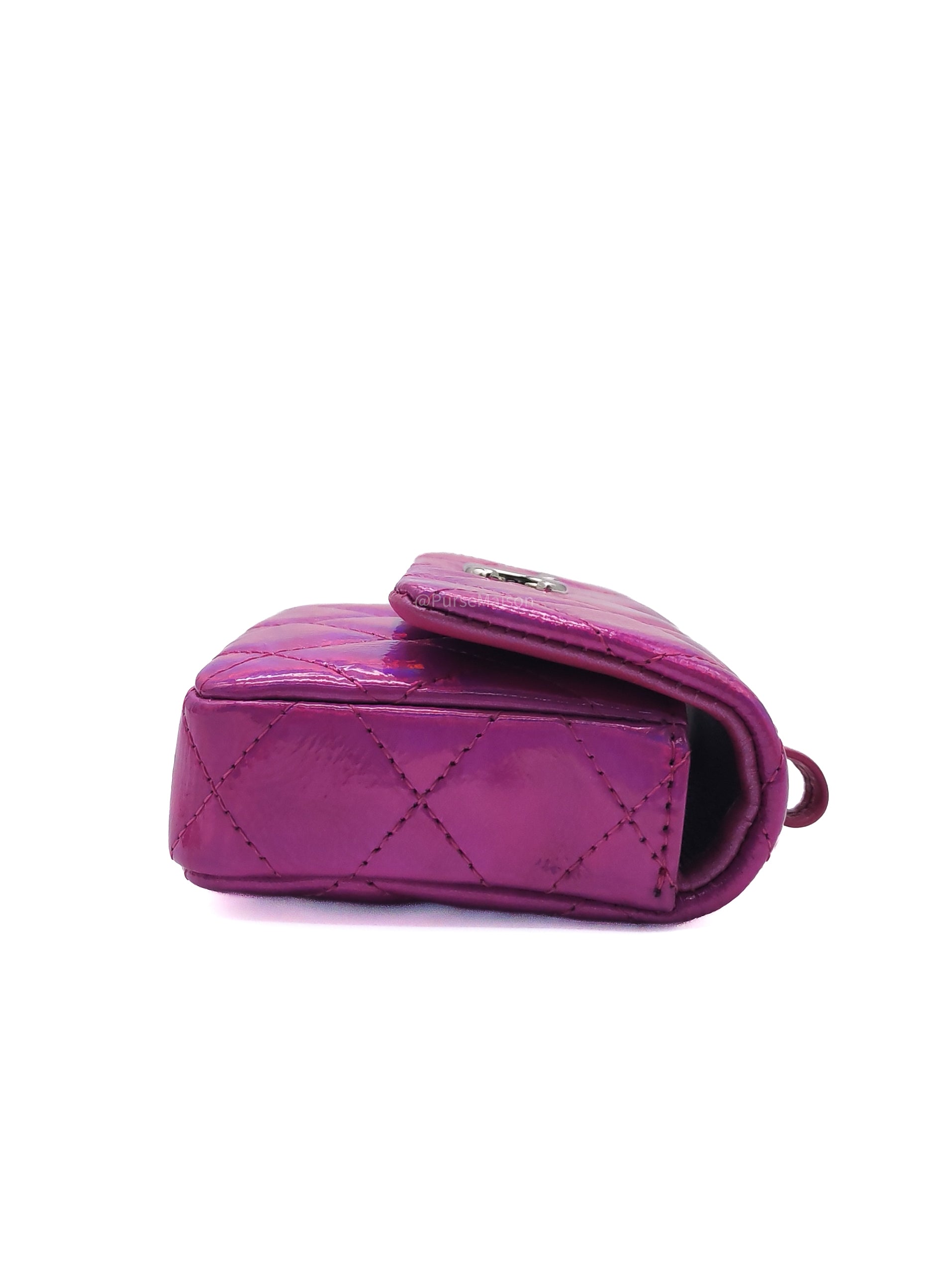 Chanel 24C Hook Card Holder Micro Bag in Fuchsia Pink Iridescent Mirror Goatskin Silver Hardware (Microchip)
