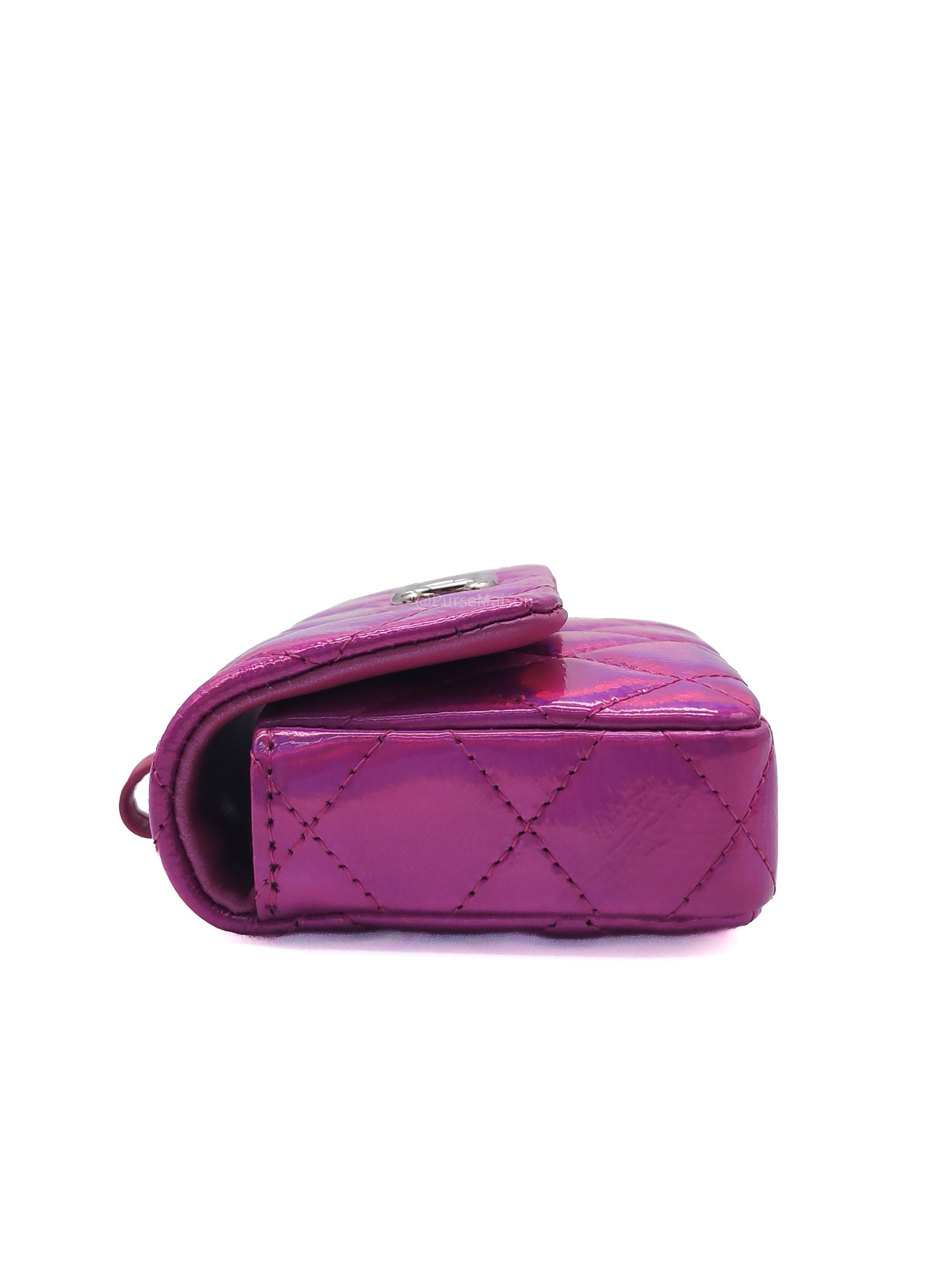 Chanel 24C Hook Card Holder Micro Bag in Fuchsia Pink Iridescent Mirror Goatskin Silver Hardware (Microchip)