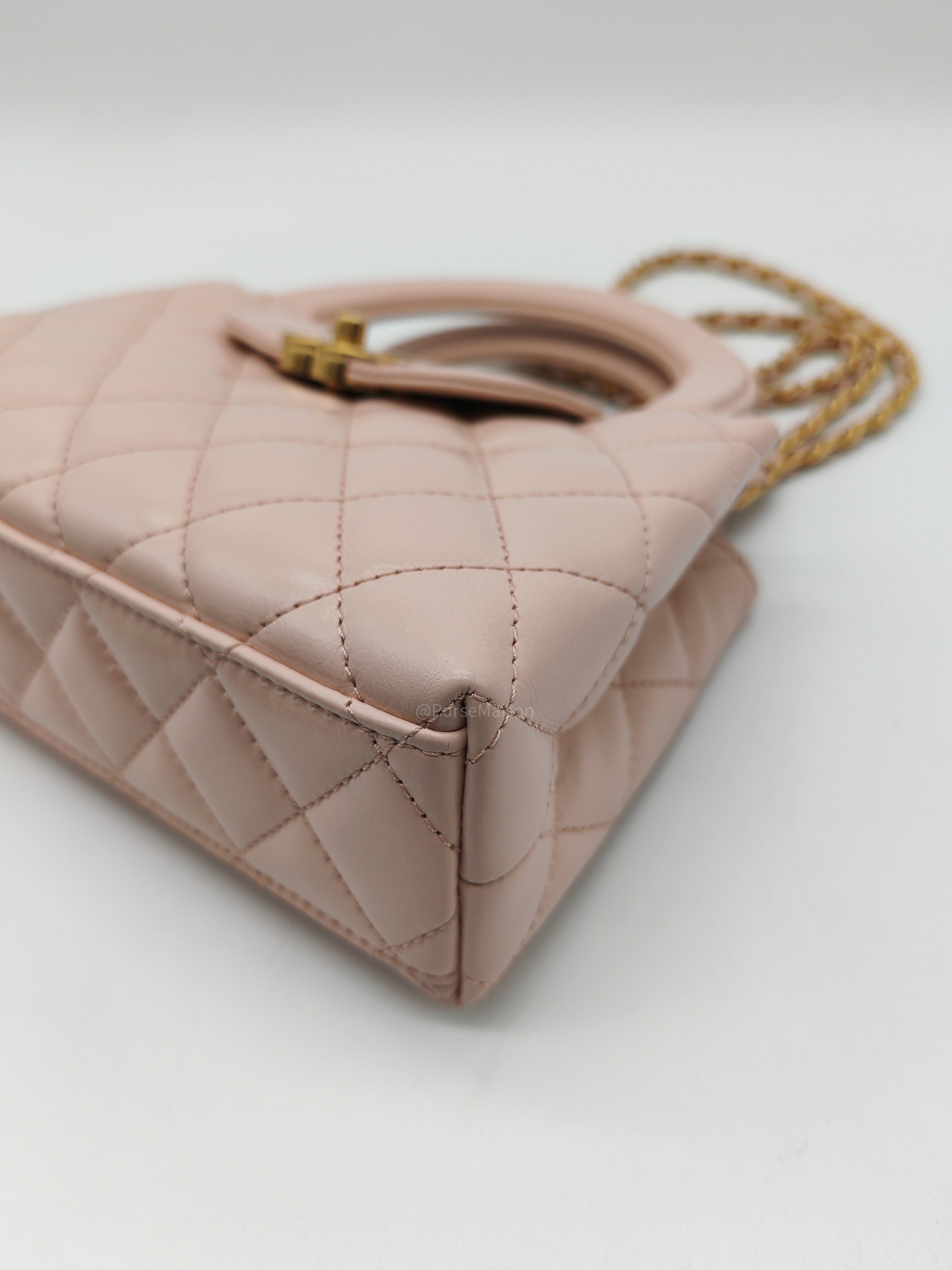 Chanel CC Kelly Small in Baby Pink Shiny Aged Calfskin Leather and Aged Gold Hardware Microchip