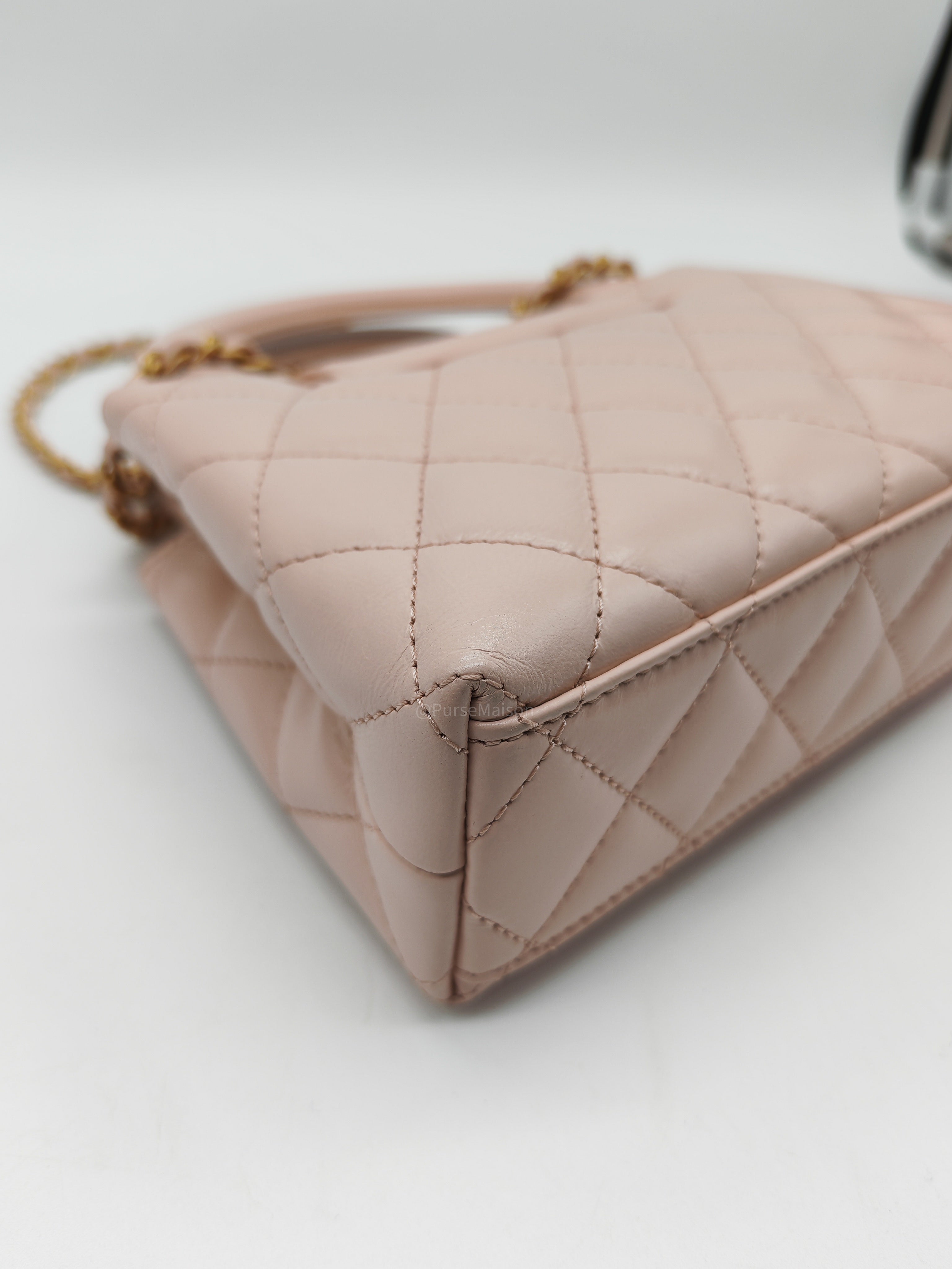 Chanel CC Kelly Small in Baby Pink Shiny Aged Calfskin Leather and Aged Gold Hardware Microchip