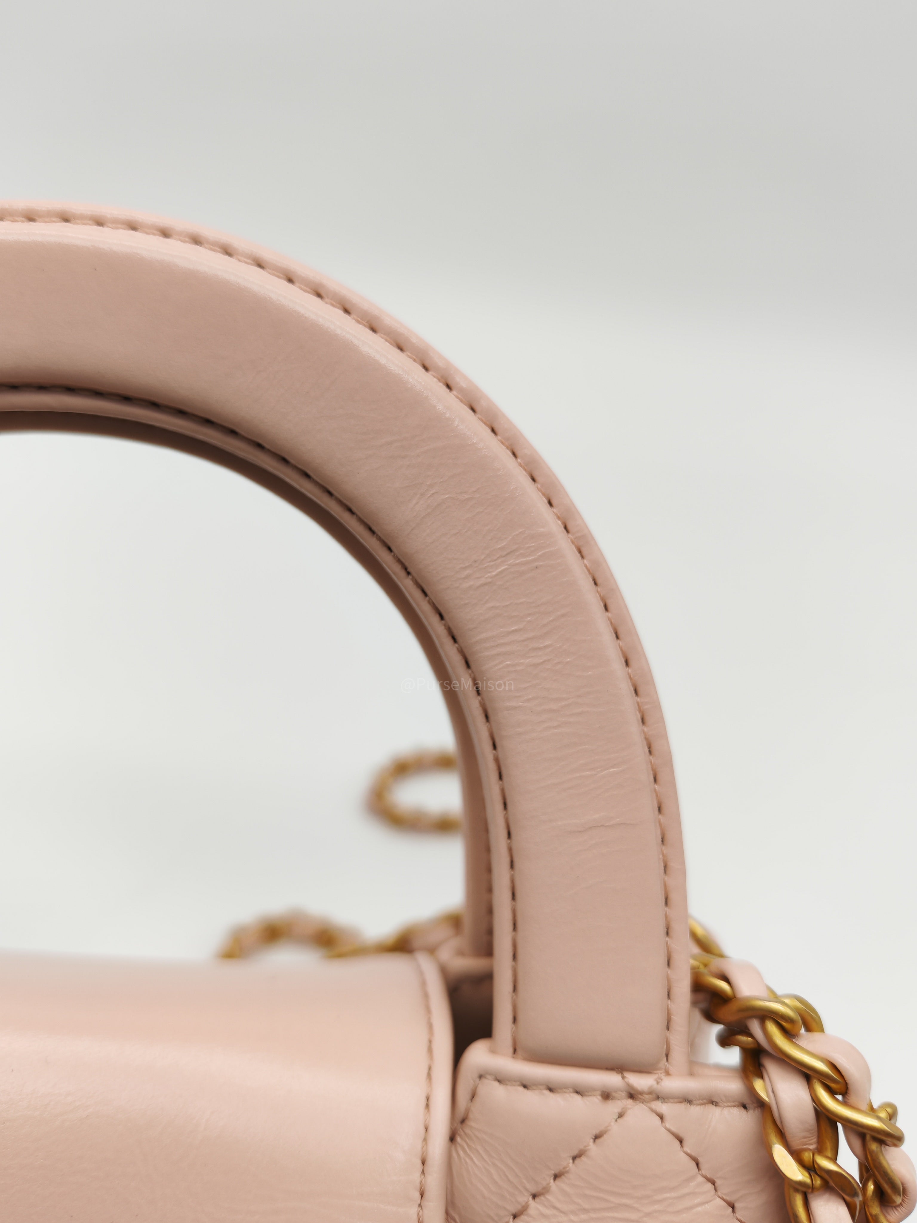 Chanel CC Kelly Small in Baby Pink Shiny Aged Calfskin Leather and Aged Gold Hardware Microchip